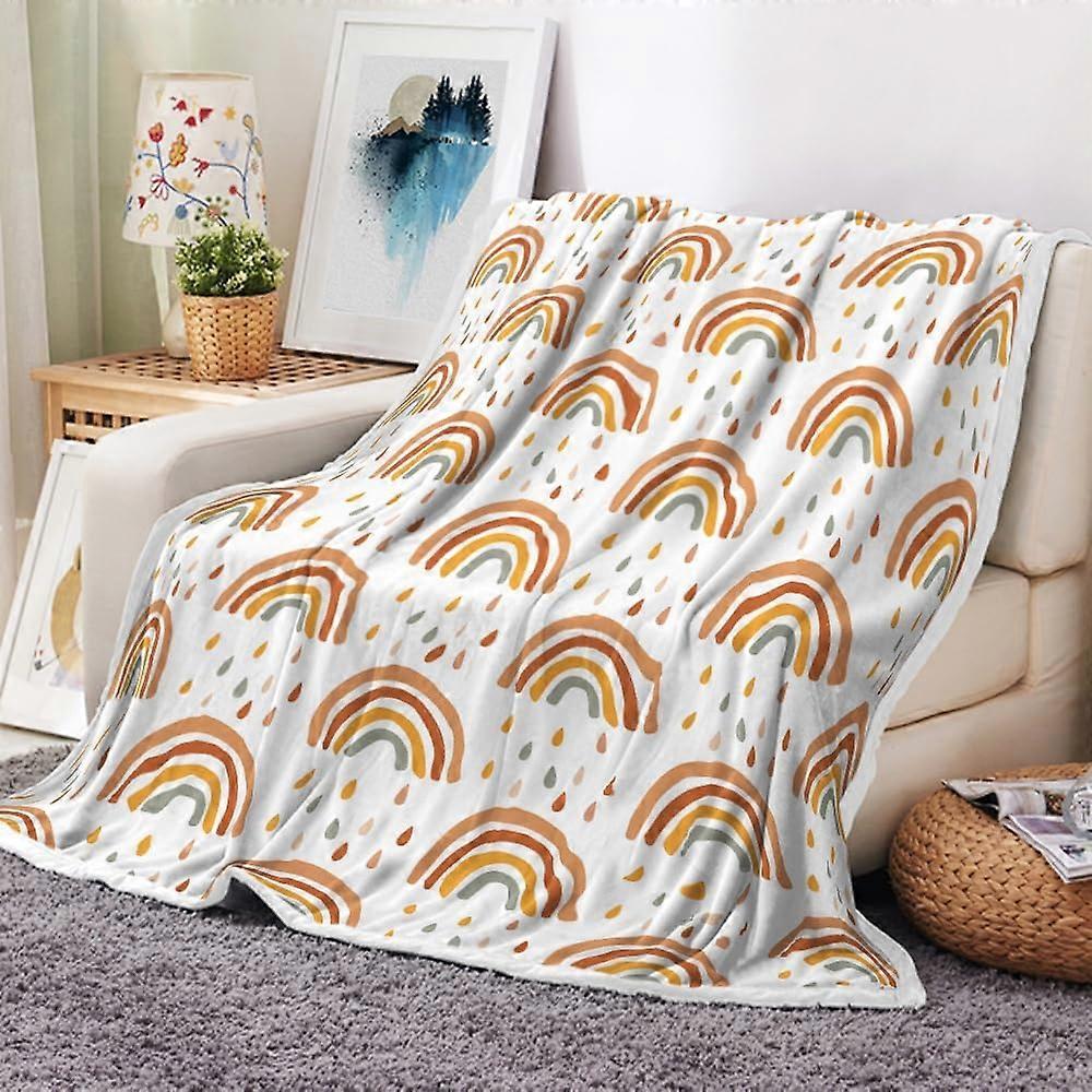 Rainbow Throw Blanket,Cute White Boho Abstract Rainbows Fleece Blanket, Mid Century Abstract Minimalist Kids Decorative Soft Flannel Throw Blanket for