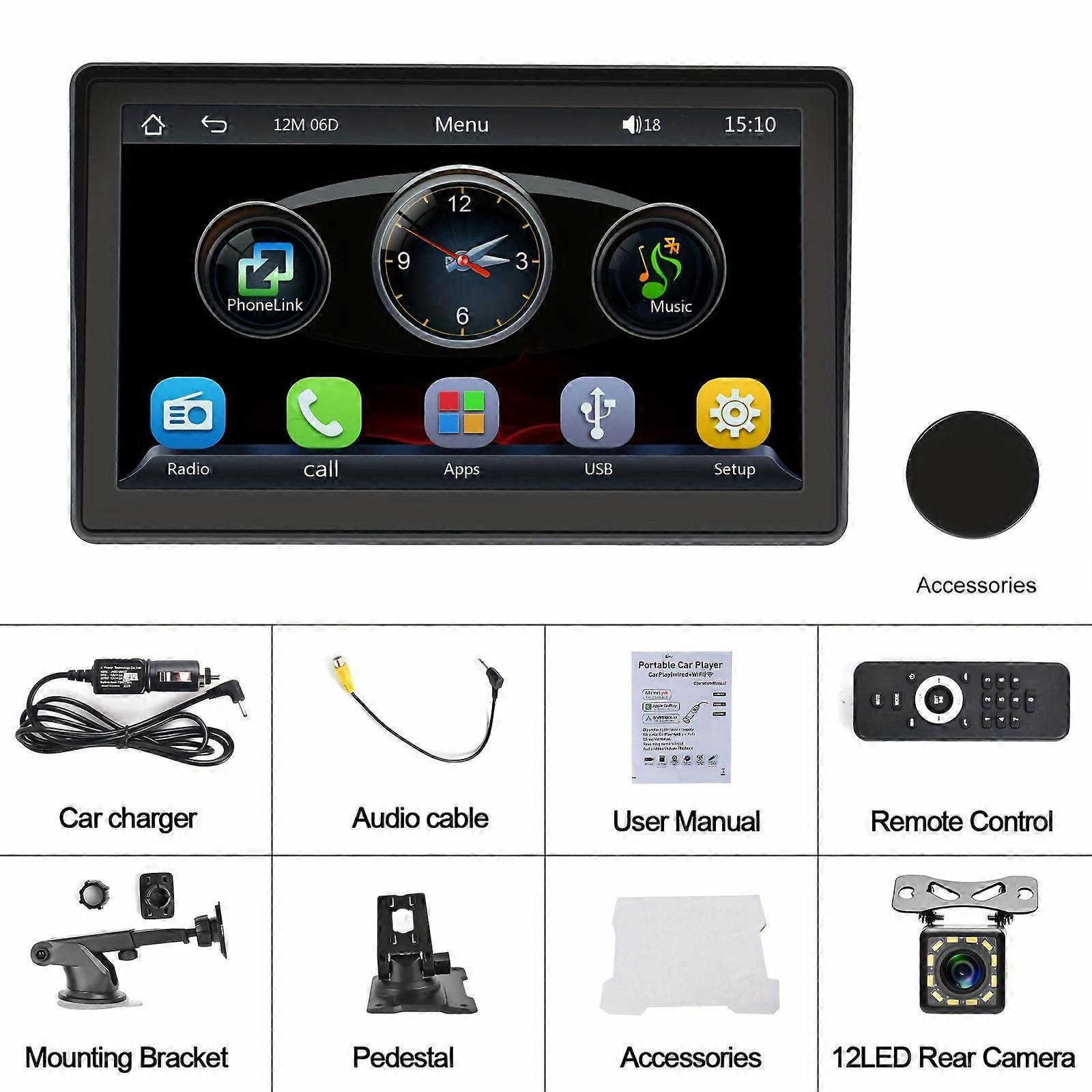 7'' Touch Screen Portable Car Mp5 Player 270 Rotated Angle Wireless For Carplay&Android Auto Car Multimedia Player Support FM TF/USB Rear View