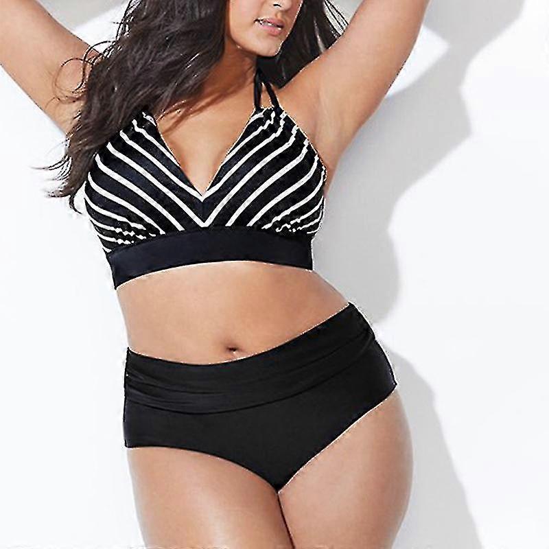 Damer Randig Hög Midja Snörning Vadderad Bikini Set Badkläder Beachwearxxl1set-whiteblack