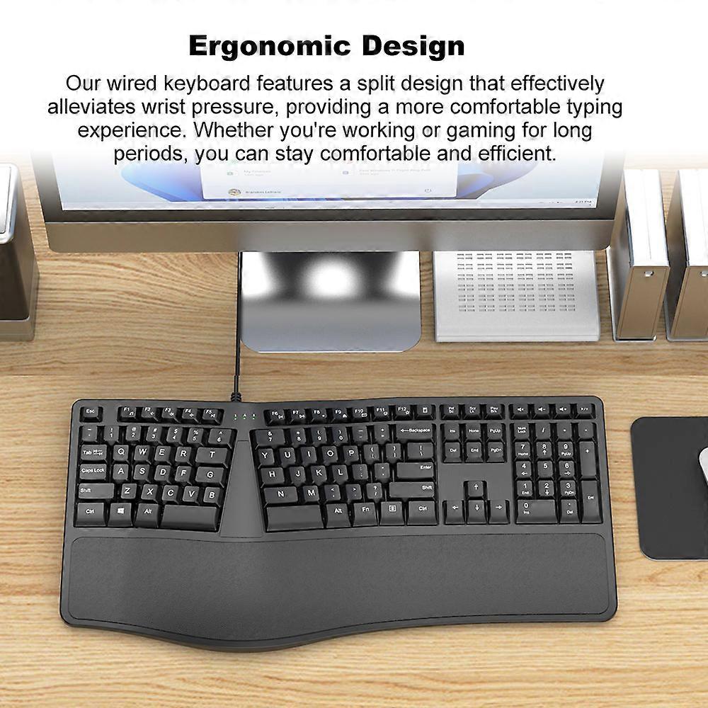 Ergonomic Keyboard Wired Keyboard Arched Keys Soft Rest Full Size Keyboard Business Office 110 Keys Black
