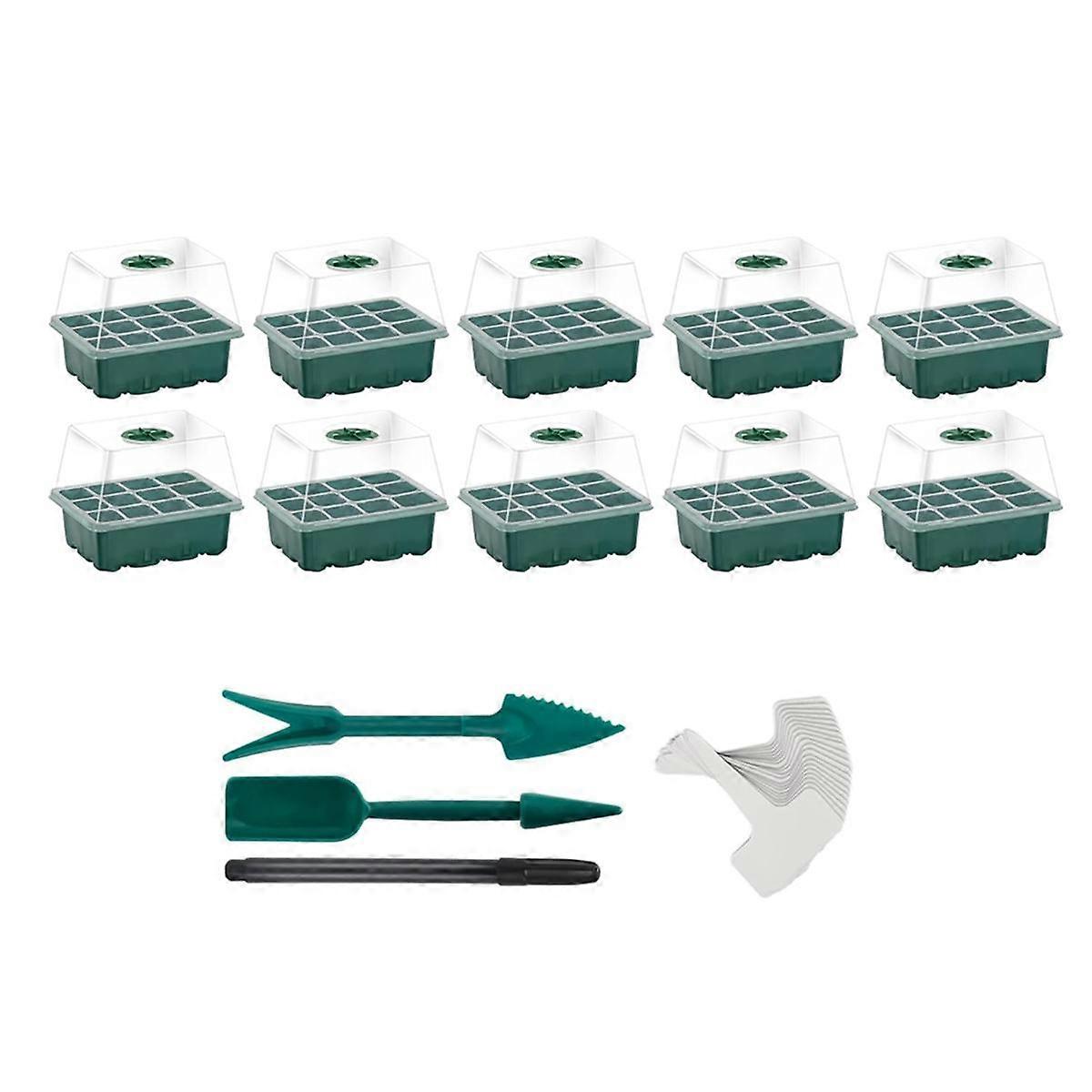 10 Pack Seed Tray, 120 Cells Seed Kit with Humidity Dome, Heightened Lids Seedling Starting Trays,Green