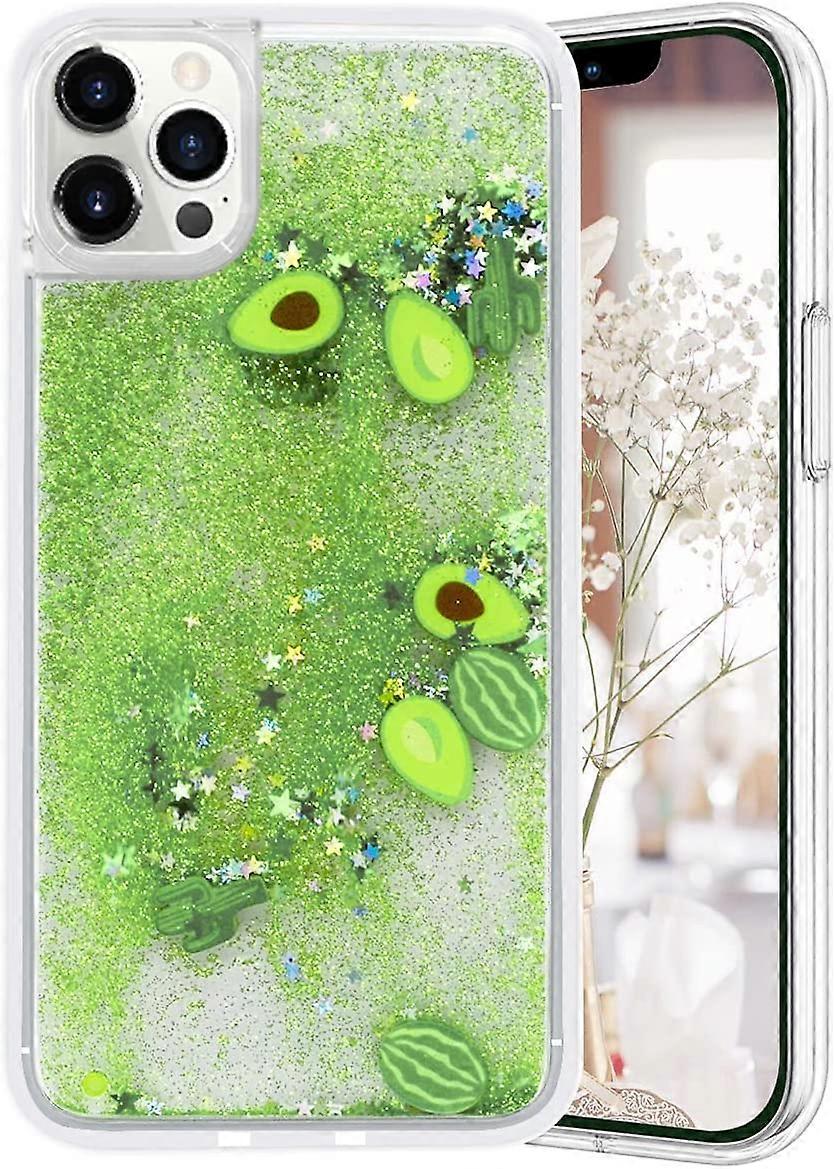 LUVI Compatible with iPhone 14 Pro Max Glitter Case for Women Funny Cute Bling Liquid Sparkly Quicksands Flowing Waterfall Shiny Sequin Star Avocado F