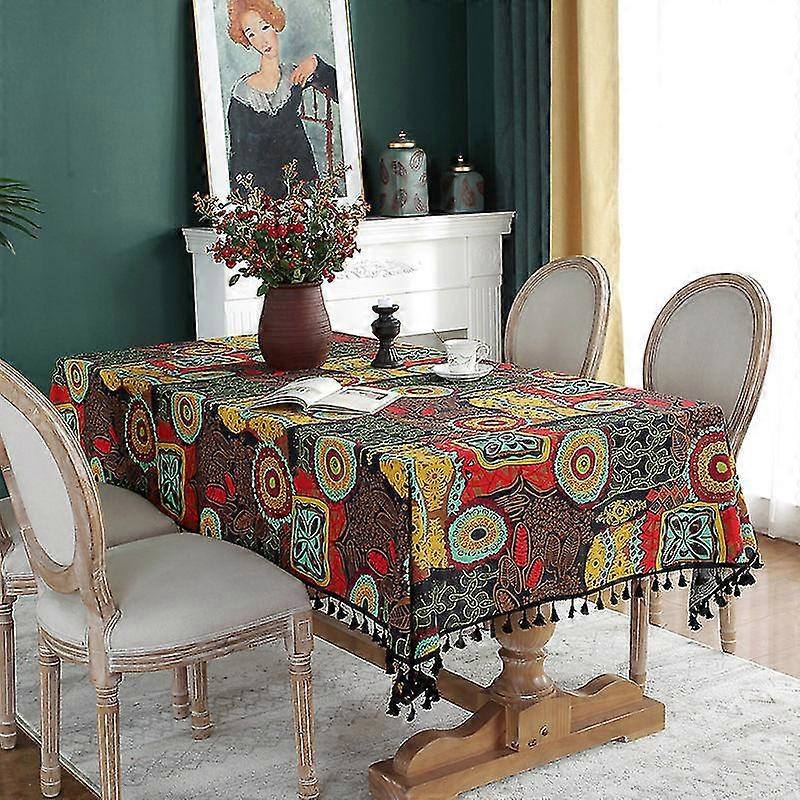 Spot New Ethnic Style Maya Big Flower Creative Printing Rectangular Tablecloth Black Tassel Tablecloth