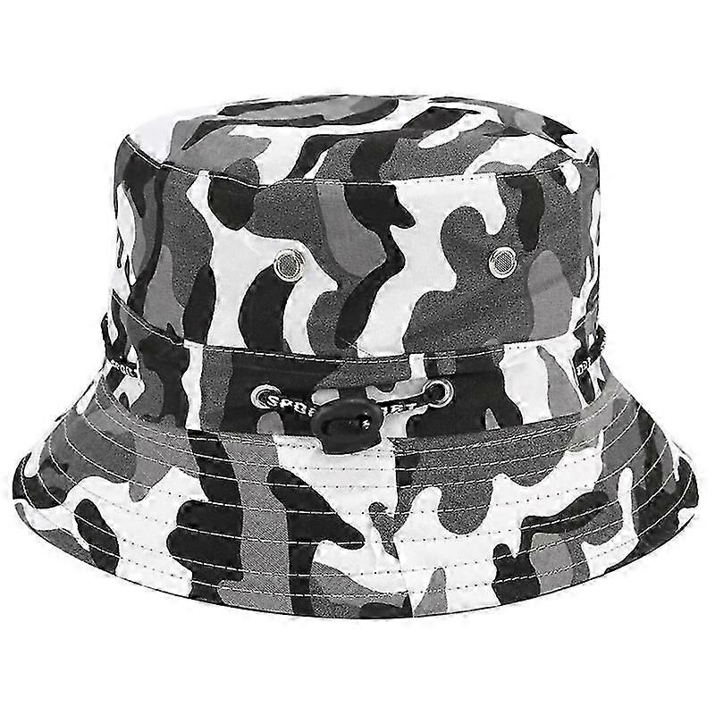 sun cap with wide brim with chin strap, side press studs and ventilation openings(White camouflage)