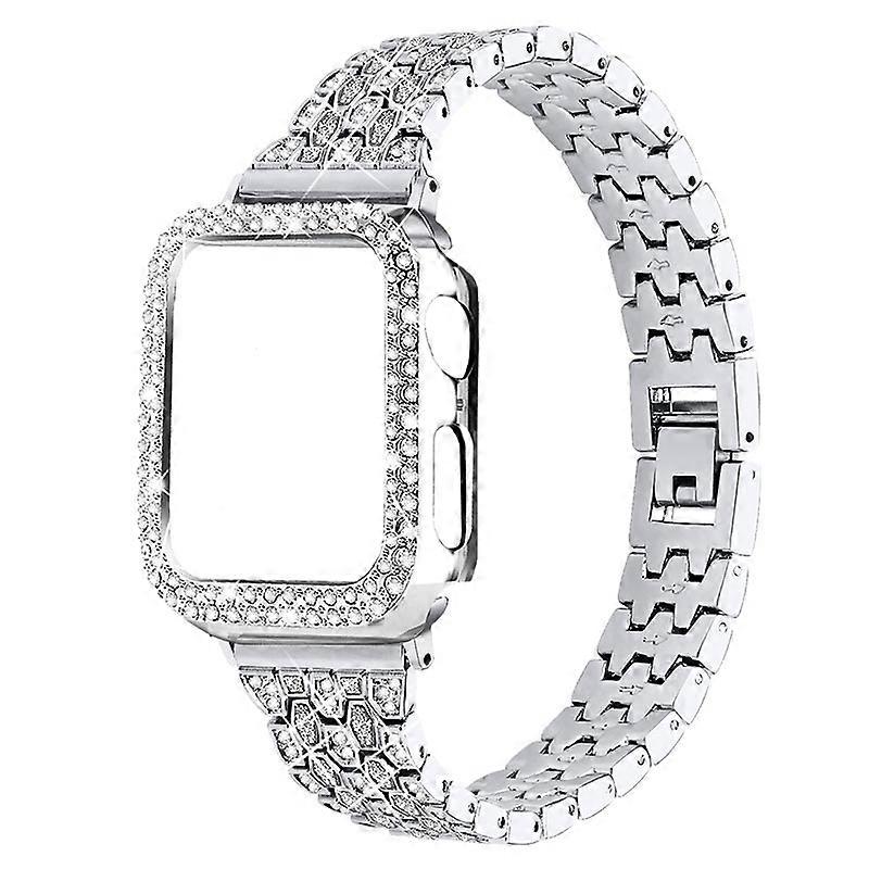 Five Beads Metalch Strap+Protective Case Rhinestone Decor Anti-Scratch Replacement for Apple