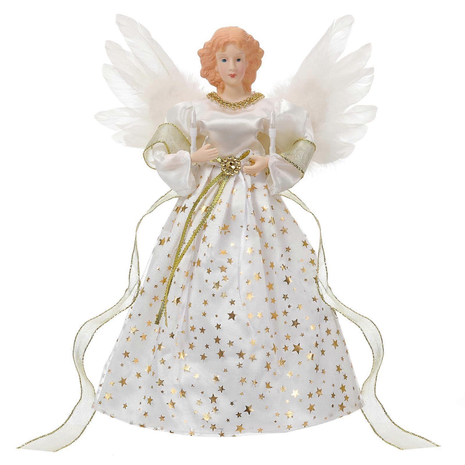 12" Lighted Angel Tree Topper with 8 Lighting Modes, Timer, Remote Control, USB Powered, Gold Christmas Decoration