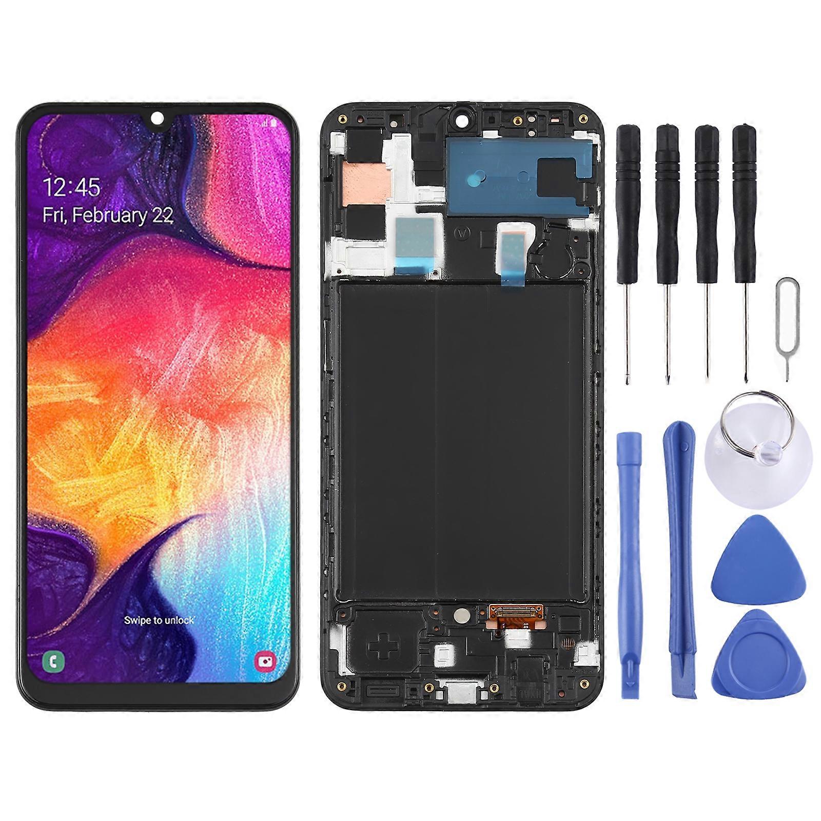 COMPATIBLE Super AMOLED LCD Screen for Galaxy A50 Digitizer Full Assembly with Frame(Black)