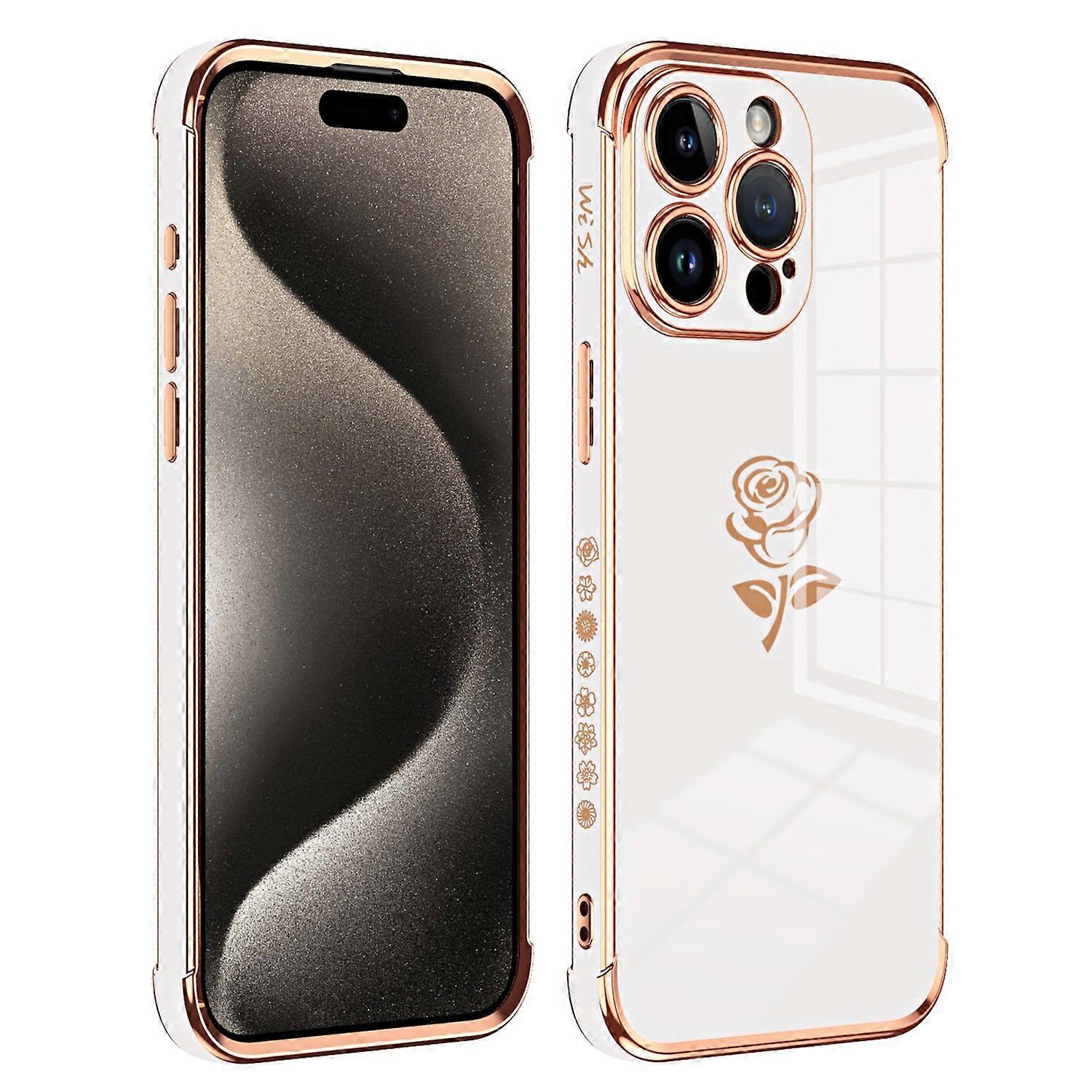 For iPhone 15 Pro Max Case Electroplating Edge Rose Pattern TPU Phone Back Cover Airbag Drop Proof