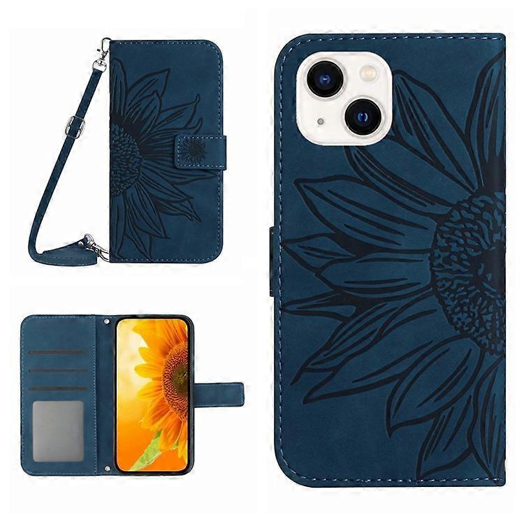 HT04 Sunflower Imprint Phone Case Compatible For iPhone 15 Stand Shell Leather Wallet with Shoulder Strap
