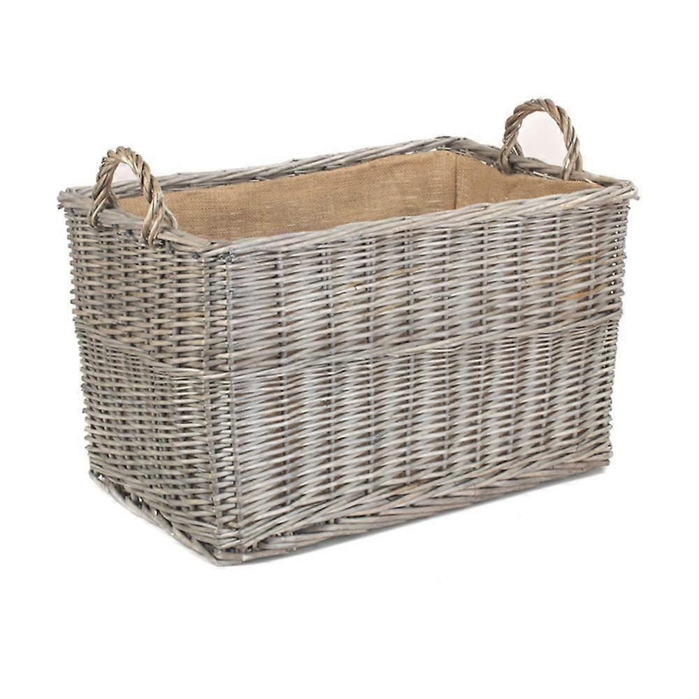 Antique Wash Rectangular Hessian Lined Wicker Log Basket