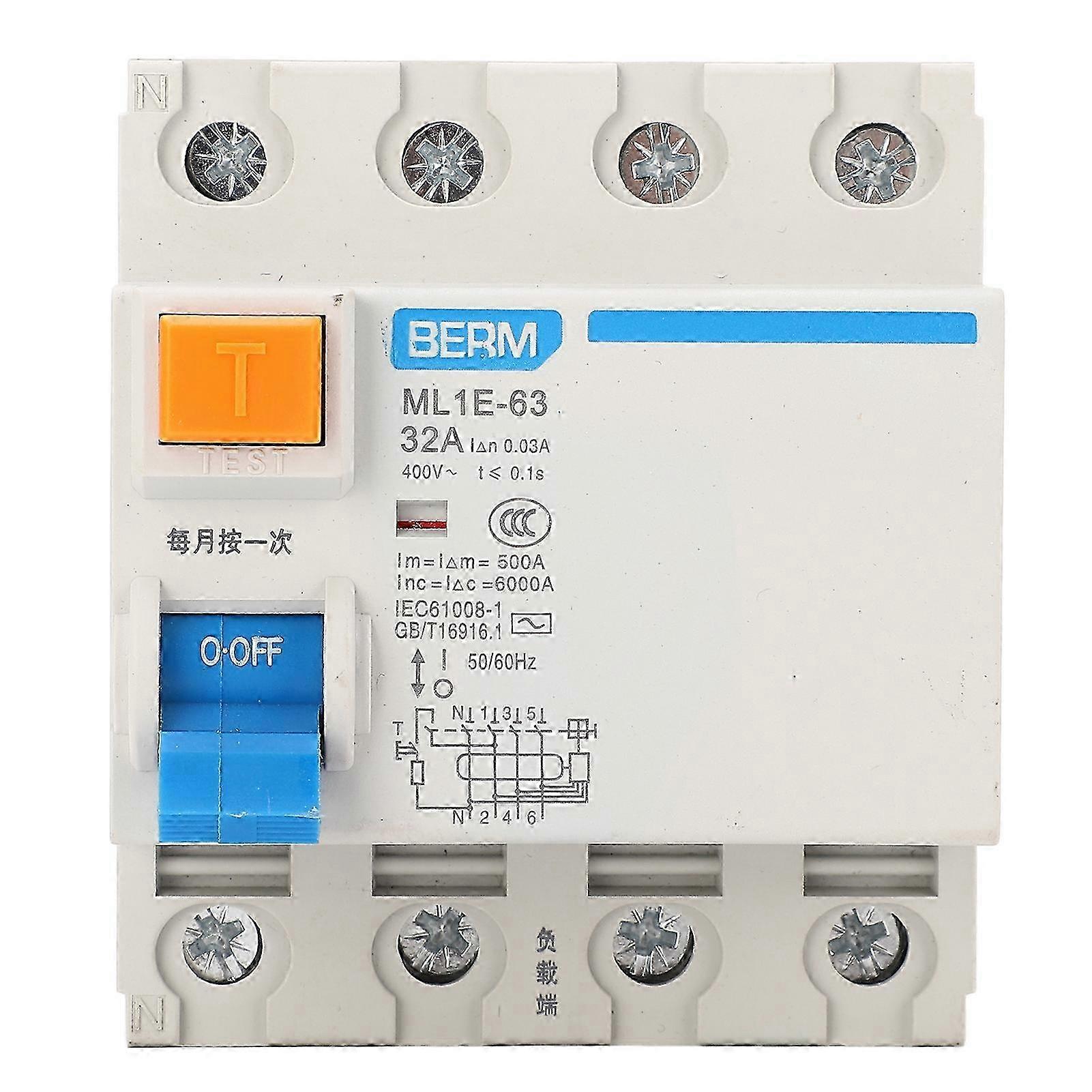 BERM Residual Current Circuit Breaker Miniature 3P+N Overcurrent Protection 400V 32A