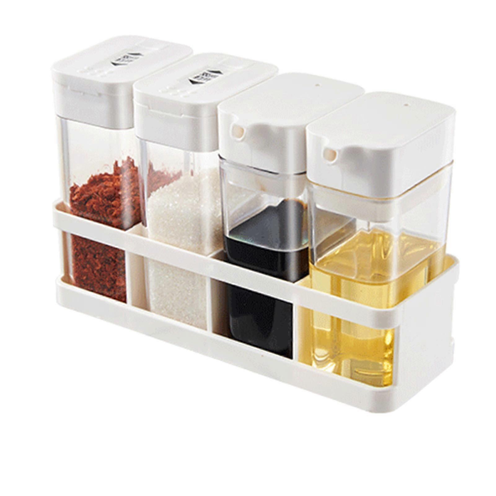 4 Grid Seasoning Box Kitchen Condiment Container with 2 Spice Bottles and 2 Oil Jars Multifunctional Sealing Organizer for Countertop Storage