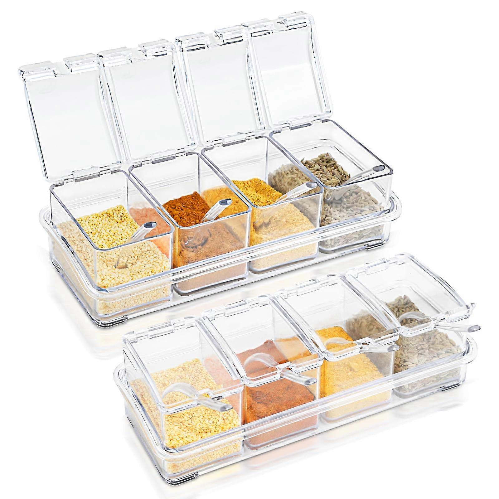 Clear Seasoning Box Set of 8 Spice Storage Pots with Lids and Spoons, Kitchen Organizer for Salt, Sugar, Cocoa, Toppings