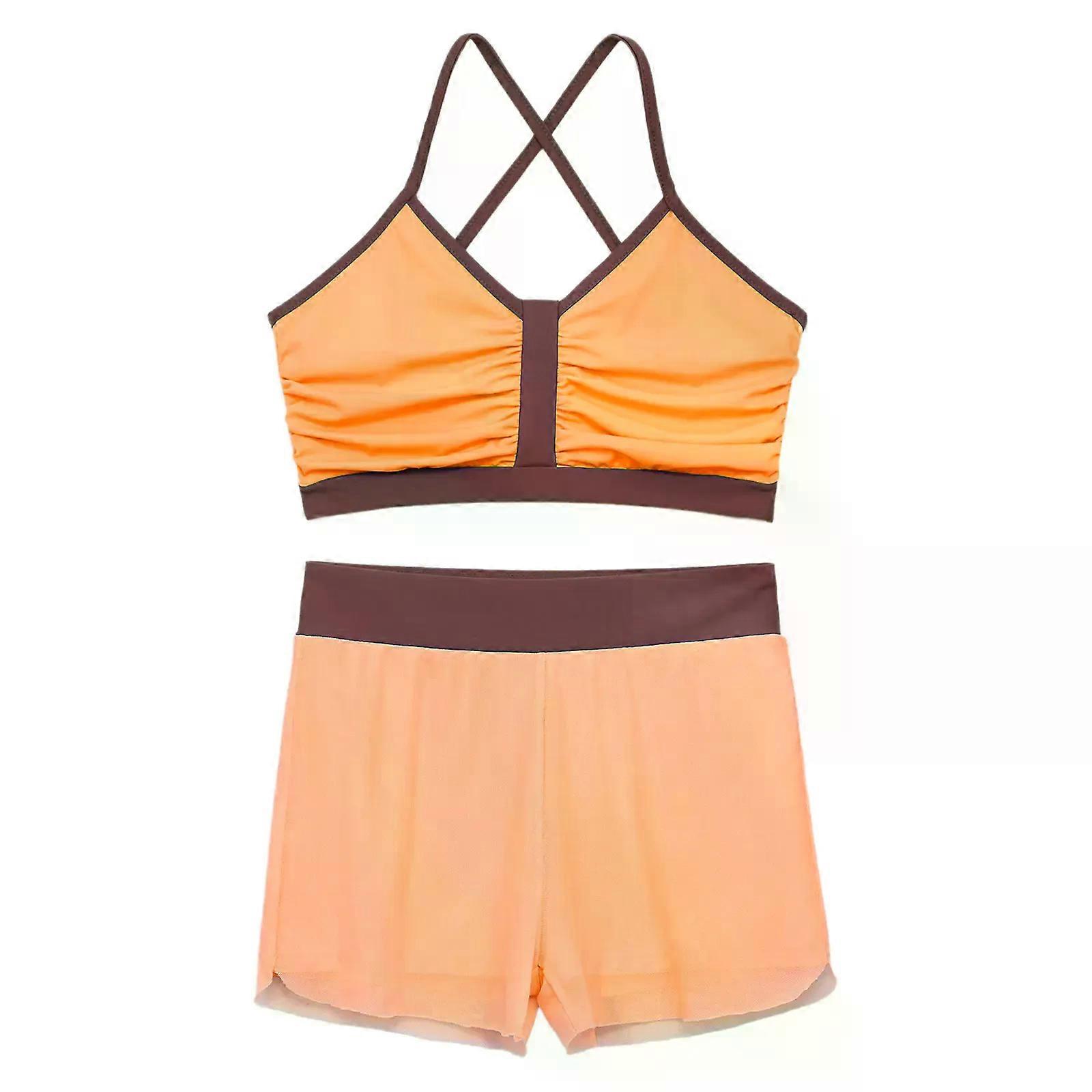 キッズガールズツーピーススイムウェアカラーブロックシャーリングタンクトップショーツ付きタンキニ水着サマープールビーチサーフィン水着