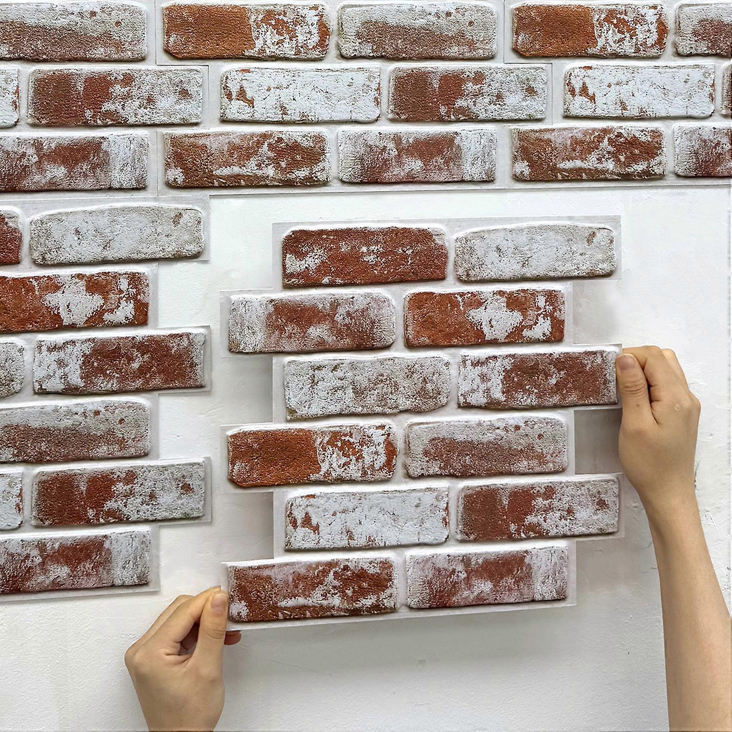 20pcs 3D Self-adhesive Faux Brick Wall Panels, Whitewash Red Brick Tile Stickers, Waterproof, for Living Room, Ktichen, 30x30cm 