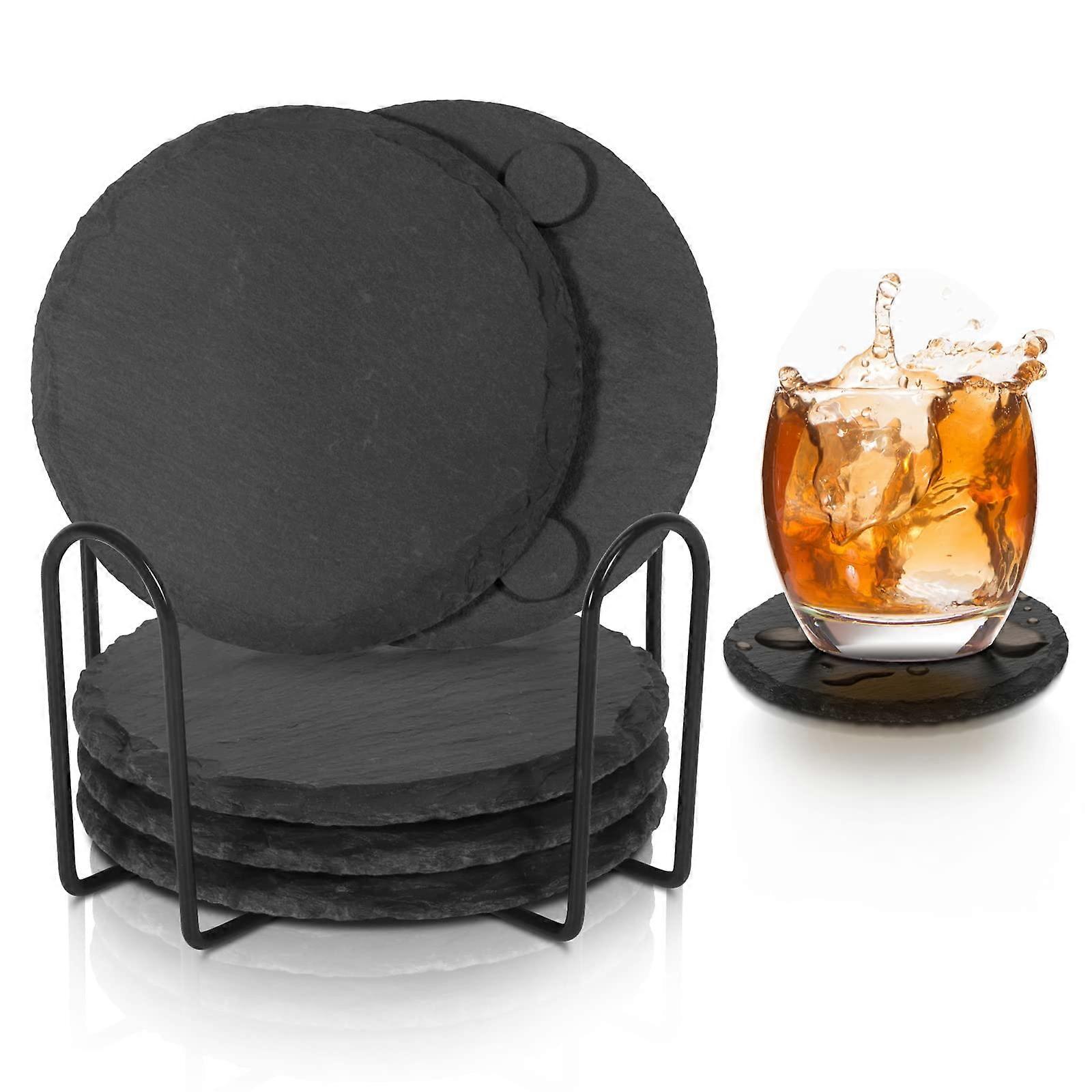 Black Slate Coasters for Drinks Set 6 of AntiScratch Drink Coasters with Holder