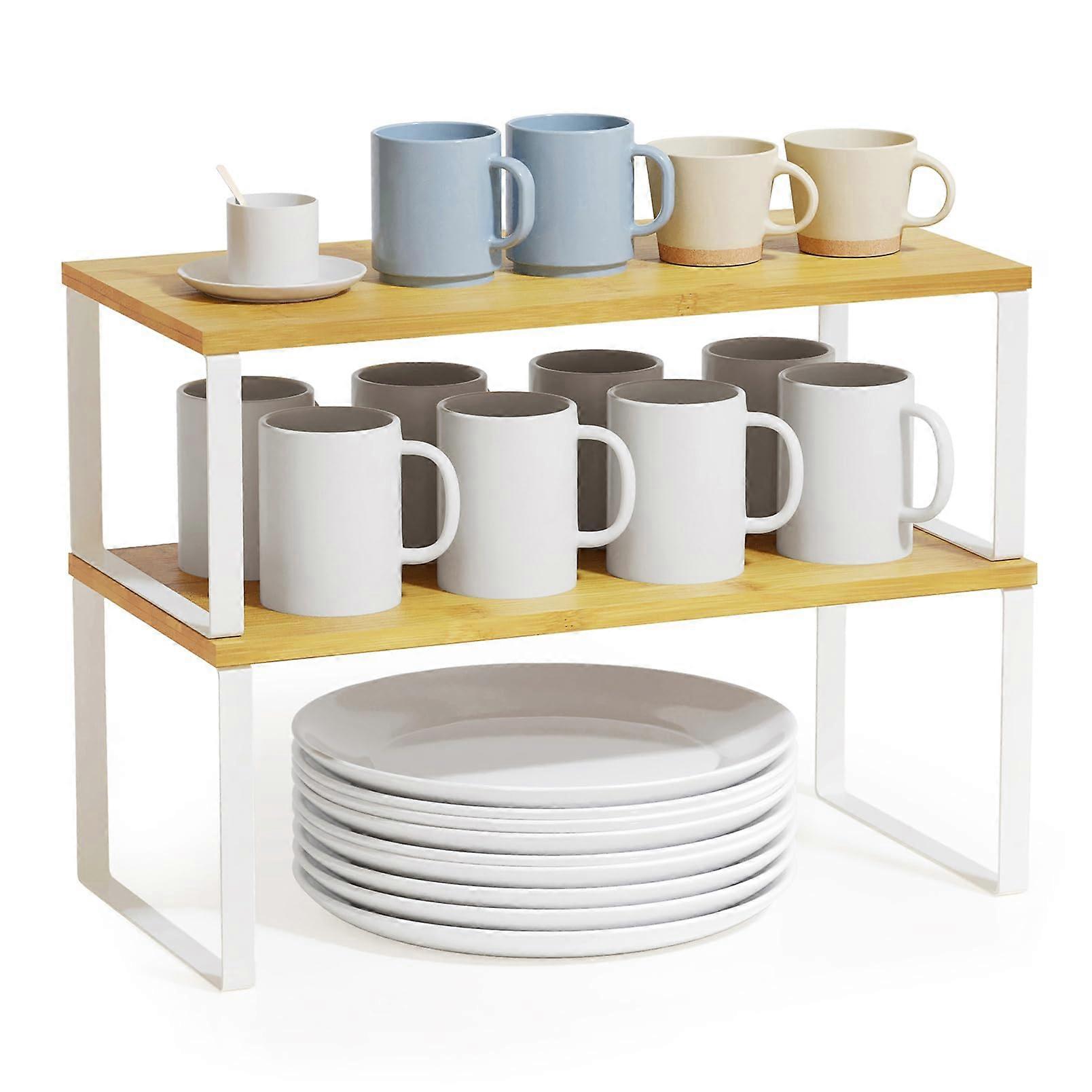 Cabinet Shelf Organizers 2 Pack, Stackable Kitchen Counter Rack Shelves, Adjustable Spice Rack Risers, Durable Plastic Design