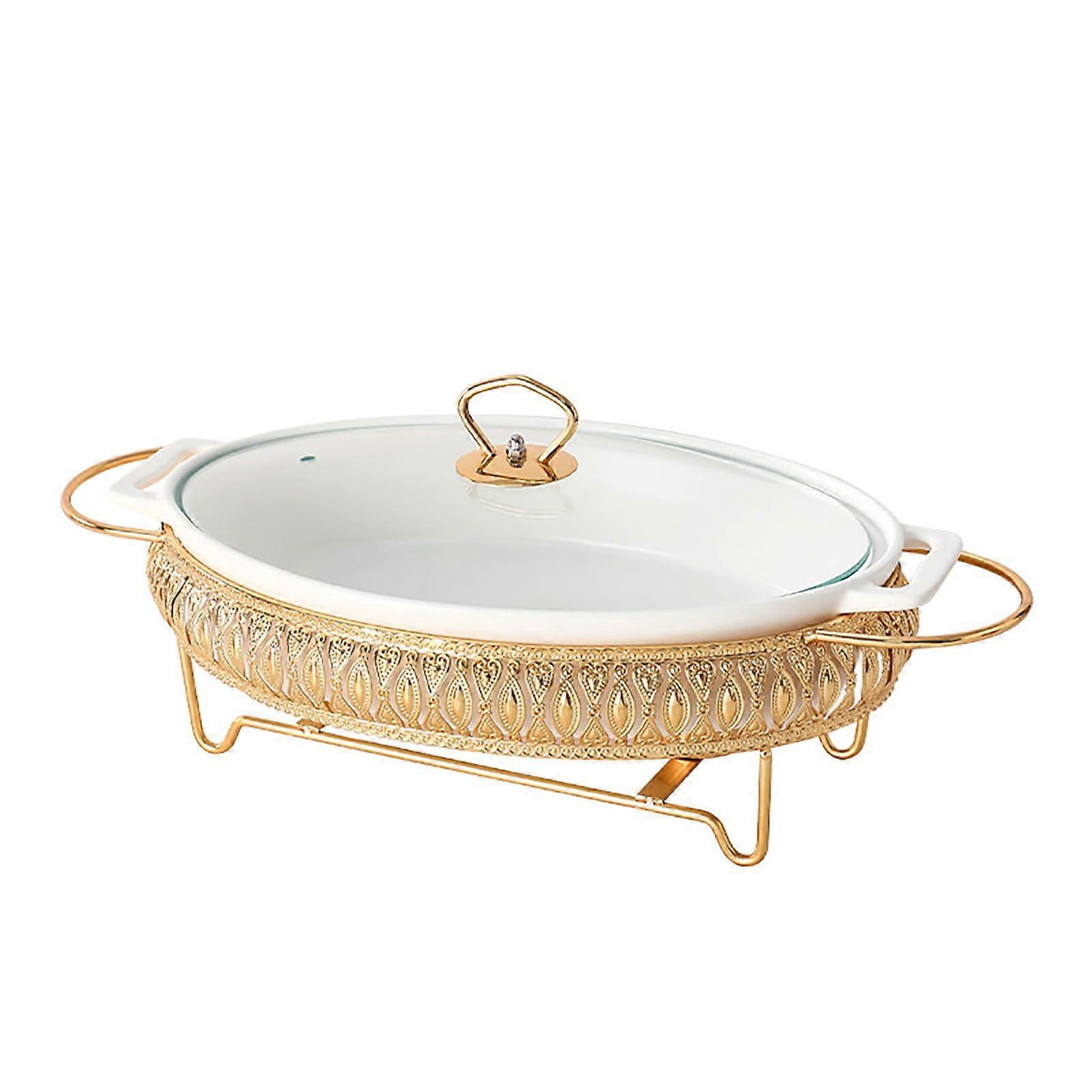 Ceramic Chafing Dish for Buffet Oval Ceramics Chafing Dish Set, Ceramic Marble Finish Chafer with Glass Lid