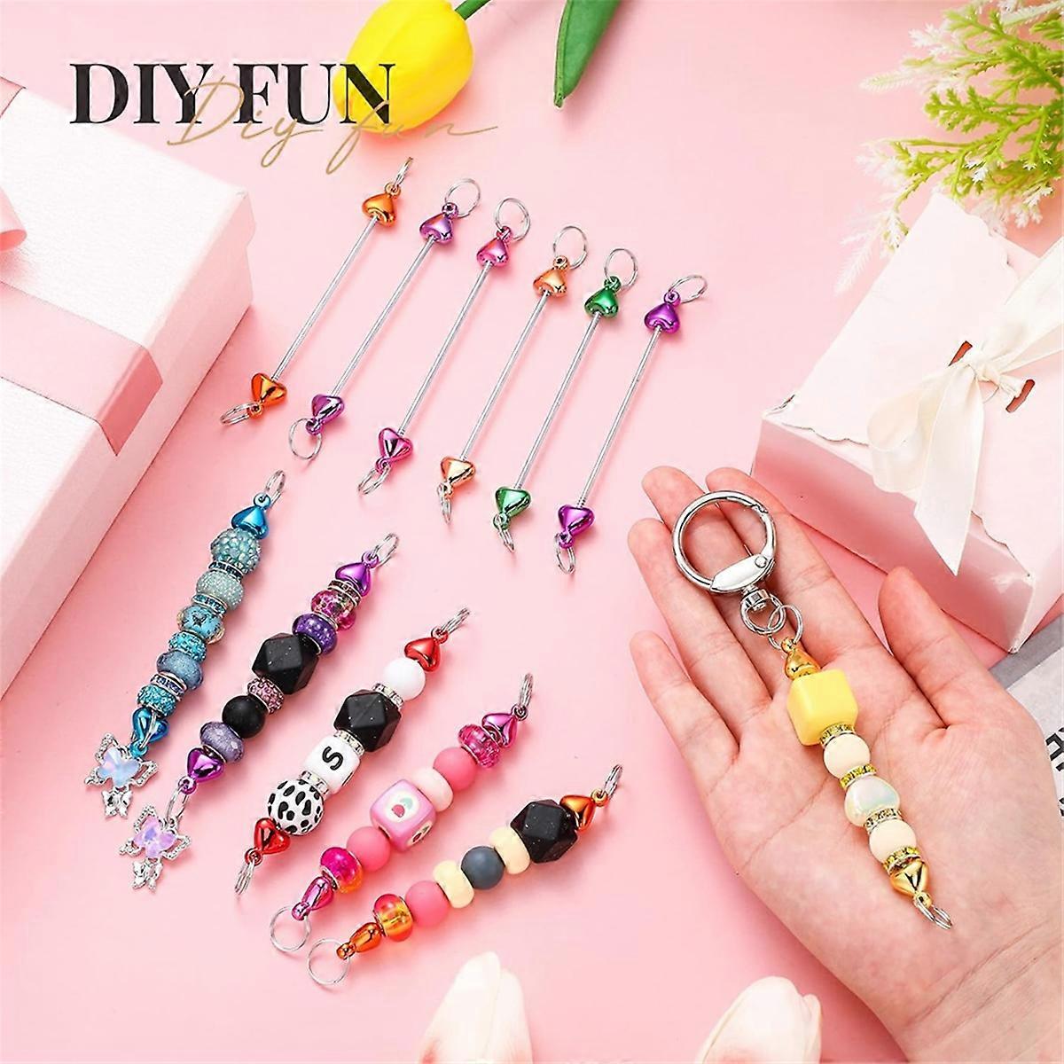 24 Pieces Beaded Keychains Bulk Blank DIY Metal Heart Shaped Beaded Keychain Detachable Keychain Mak