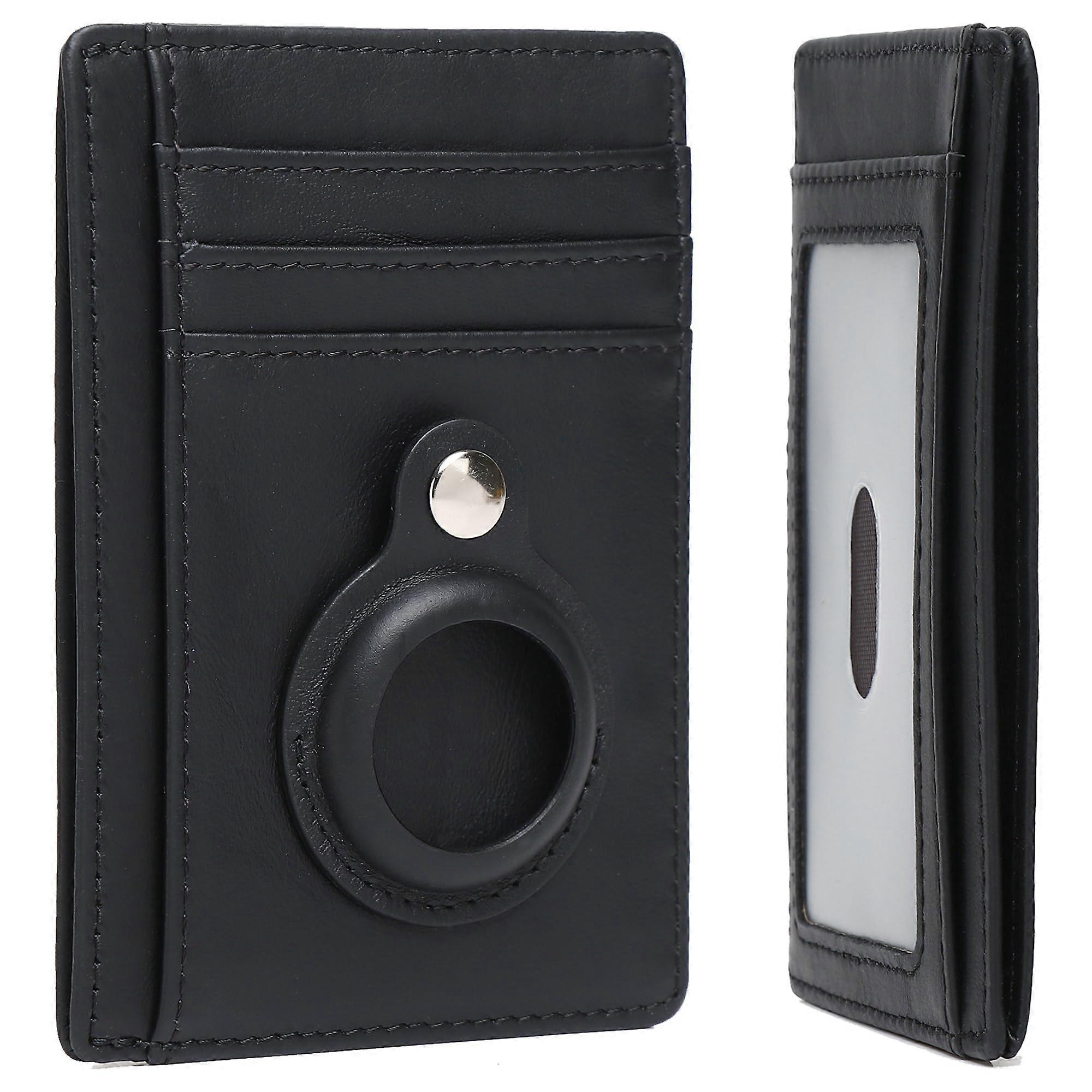 Slim Minimalist Wallet for Men Genuine Leather RFID Blocking Compact Card Holder with Holder for Airtag in Black