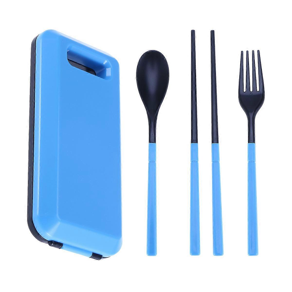 Portable Set Foldable Design Chopsticks Fork Spoon Blue Multi Use 3Pcs