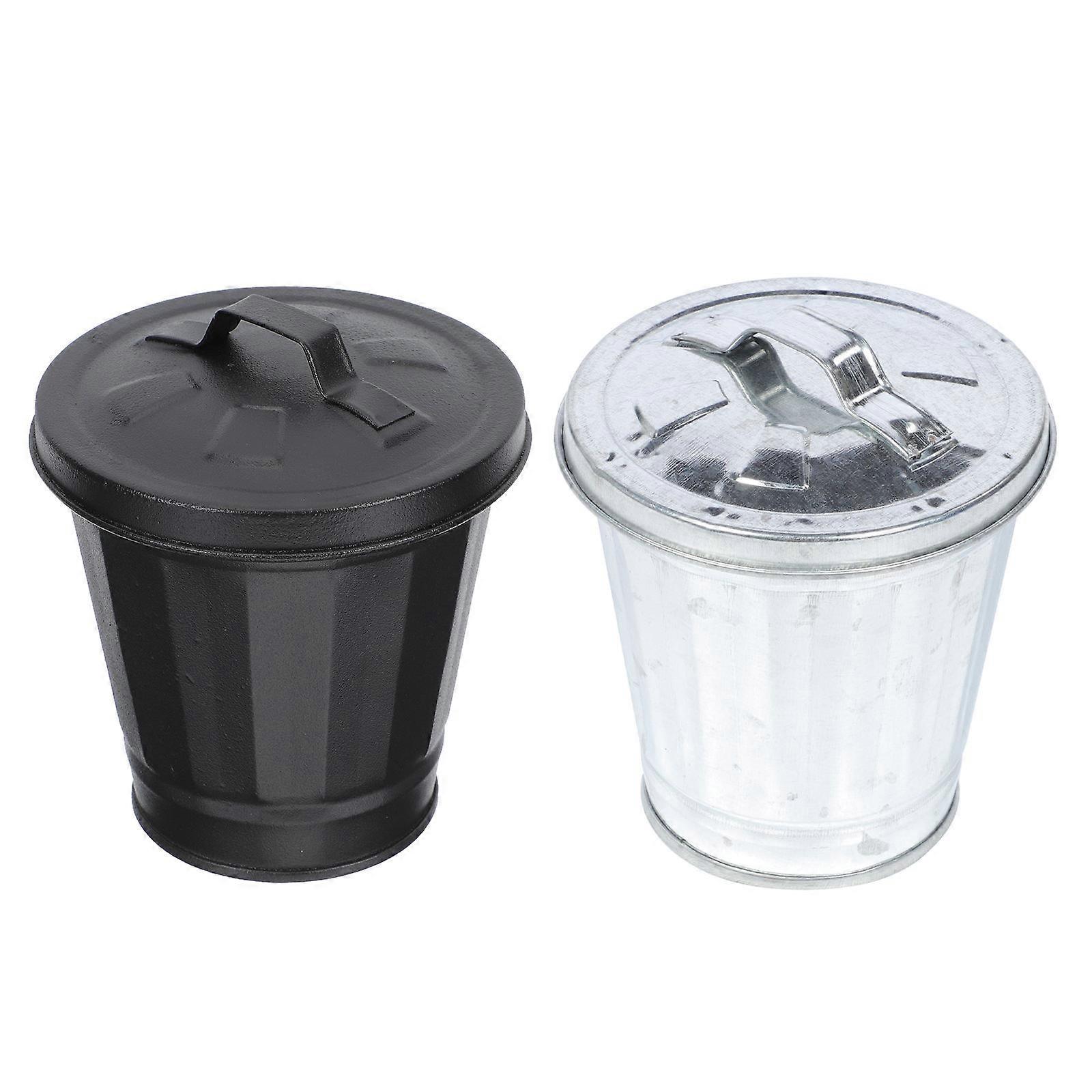 Mini Trash Bin Household Trash Can with Lid for Storage 2Pcs Black Galvanized Iron