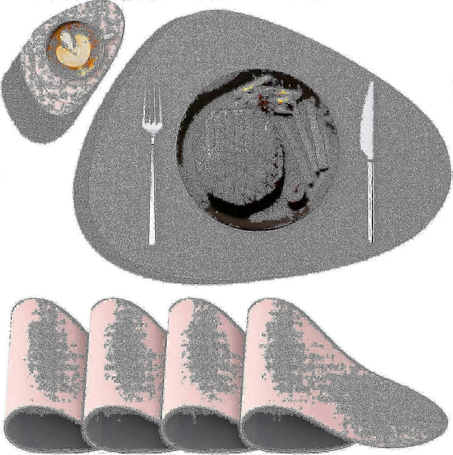 Set Of 4, Pink Gray Washable Placemat And Coaster, Round Leather Placemat, Non-slip And Waterproof Double-sided Placemats