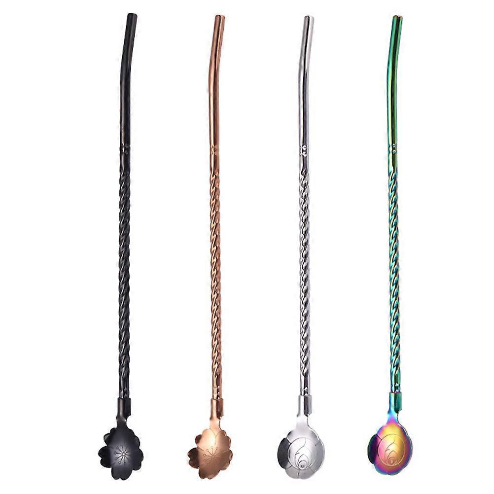 Reusable Stainless Steel Straw Spoon for Beverage Drinking 4Pcs Set