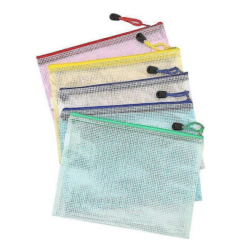 5pcs A5 Plastic Wallet Zipper Lock Pocket Mesh File Wallet File Folder