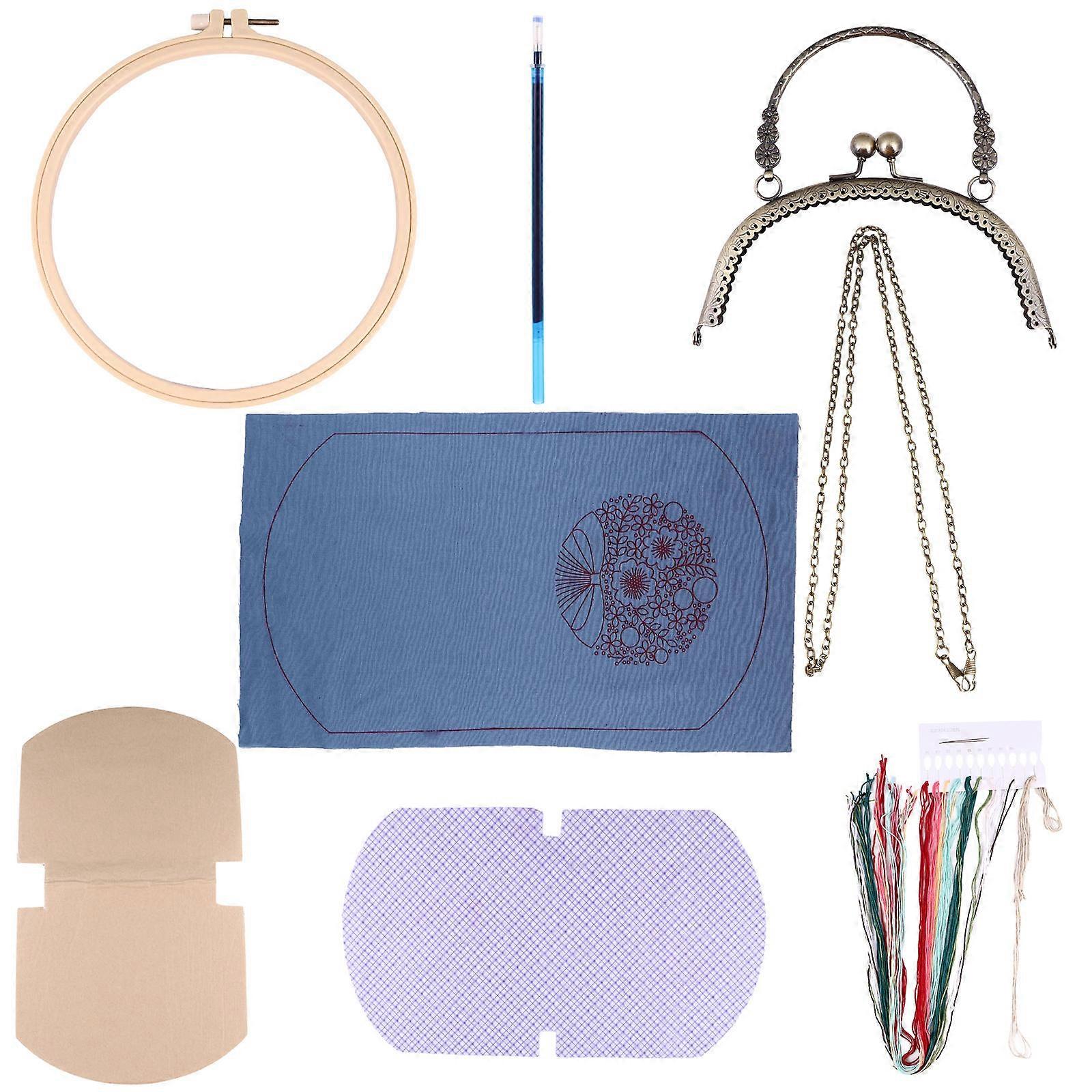 Embroidery Kit Adults Flower Embroidery Pouch Making Kit Cosmetic Bag Rectangular Purple Fabric Diy 1Set