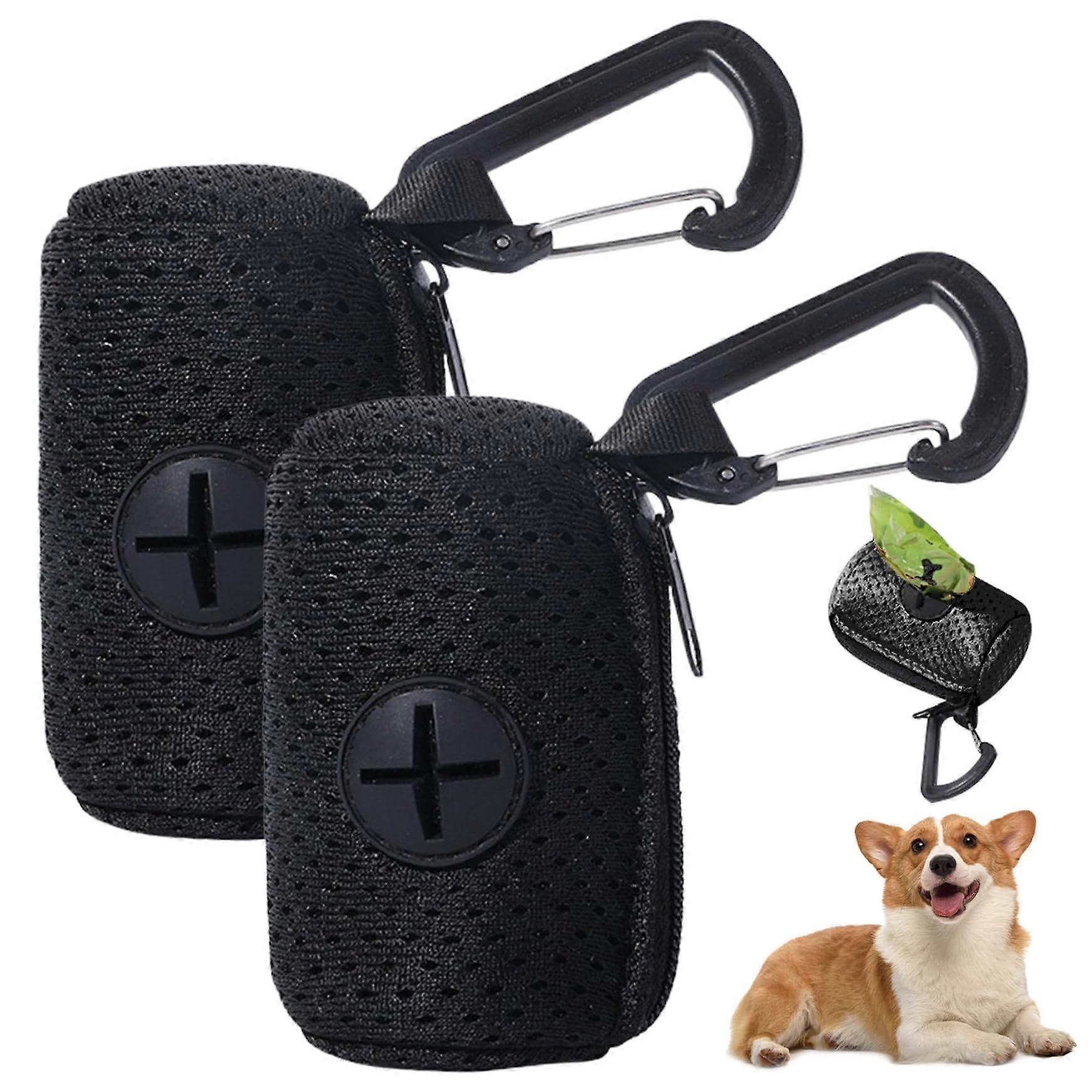 Dog Waste Bag Holder, 2 Pieces Mesh Zip Dispenser with Buckle, Black