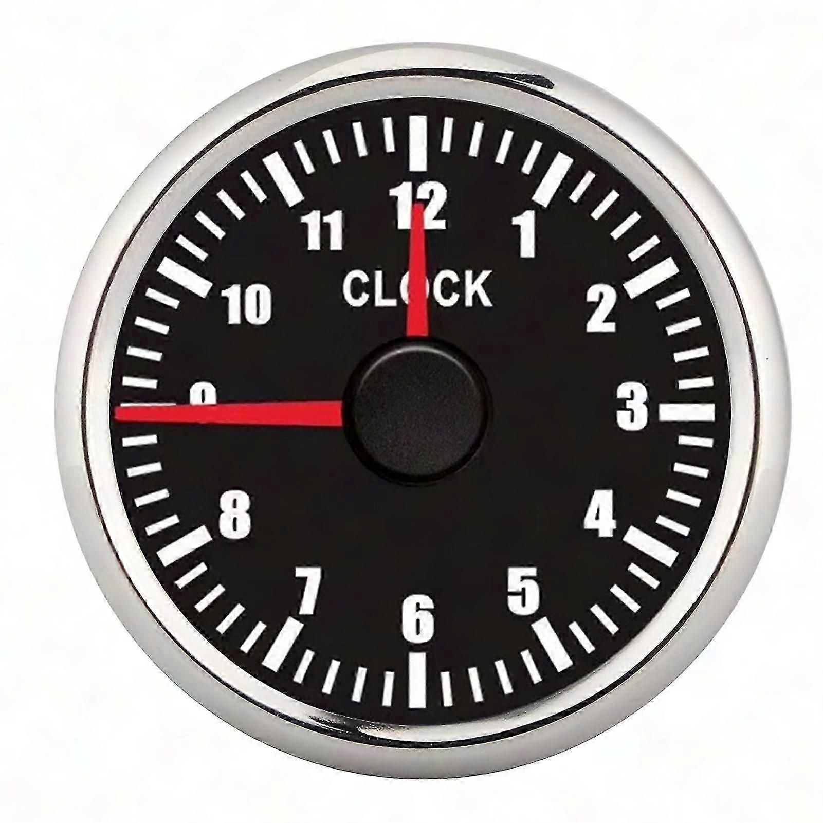 Universal 2in 12-Hour Meter Clock with Red Backlight, Black Dial, Silver Frame for Car, Boat, Yacht, 12V/24V Compatibility