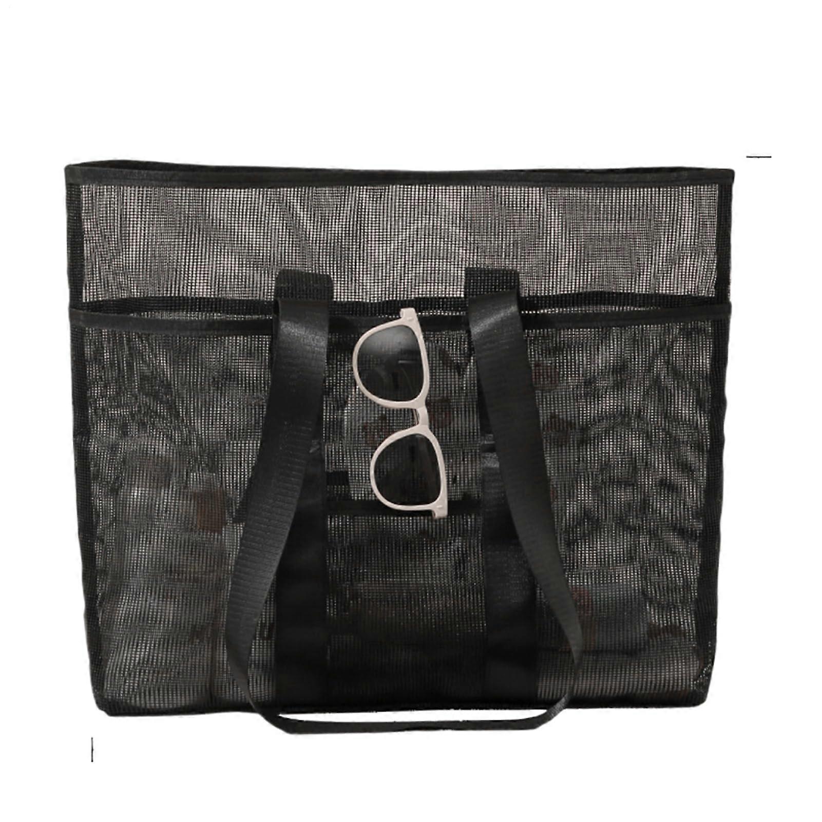 Mesh Beach Bag Swimming Pool Mesh Bag Foldable Tote Bag for Towel, Hat, Water Bottle, Keys, Smartphone, Swimsuit Sunglasses Black