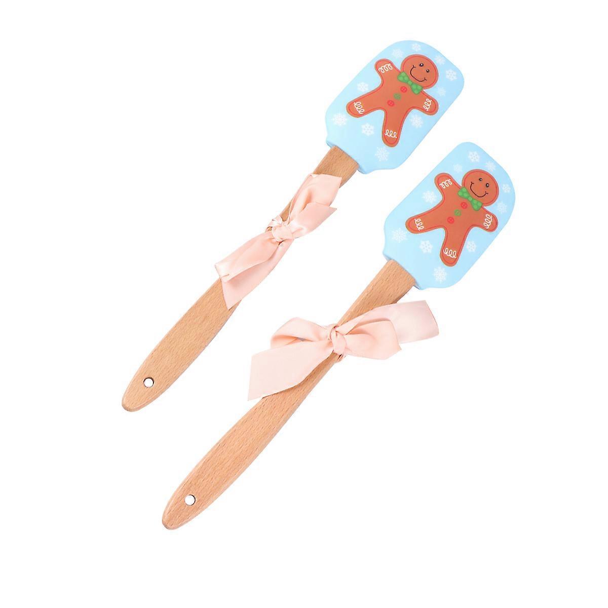 Christmas Silicone Spatula Set: 2 Pack Gingerbread Man Pattern Cake Decorating Spatulas With Wooden Handles For Baking And Cooking