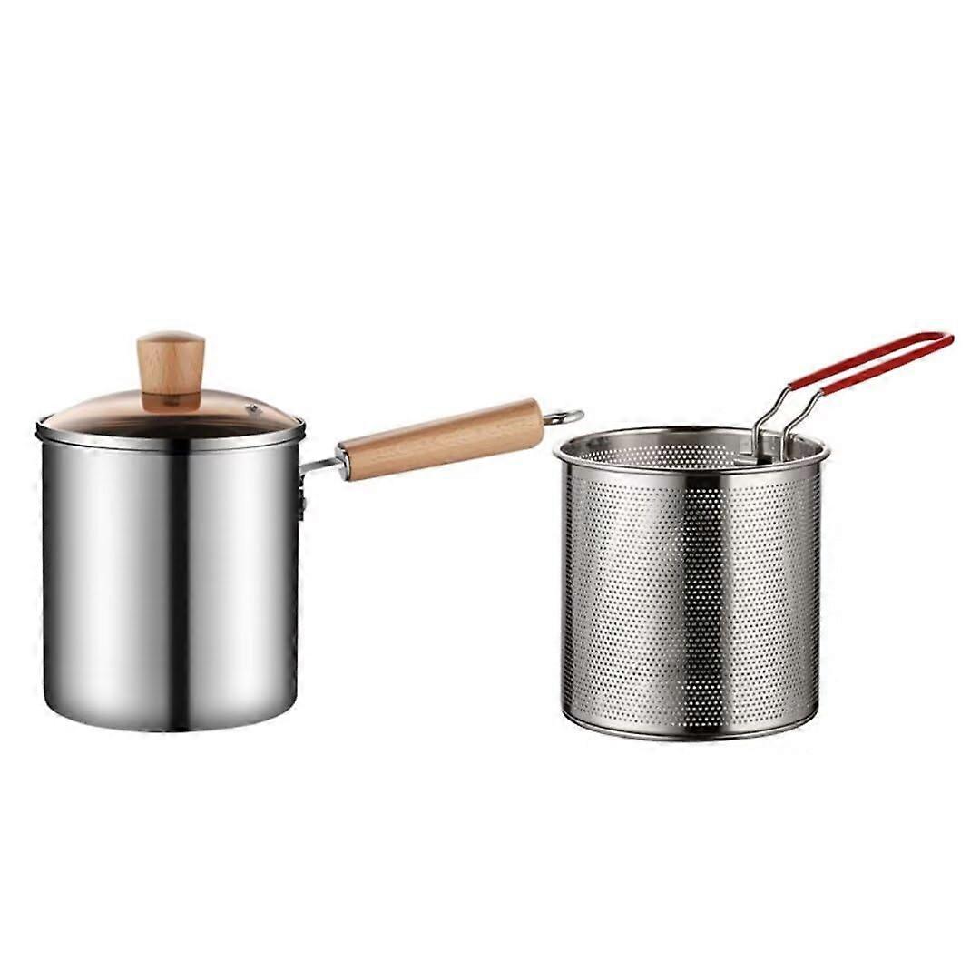 Stainless steel deep fryer pot with sieve insert and lid, versatile for frying, cooking, and making sauces on gas or induction stoves.