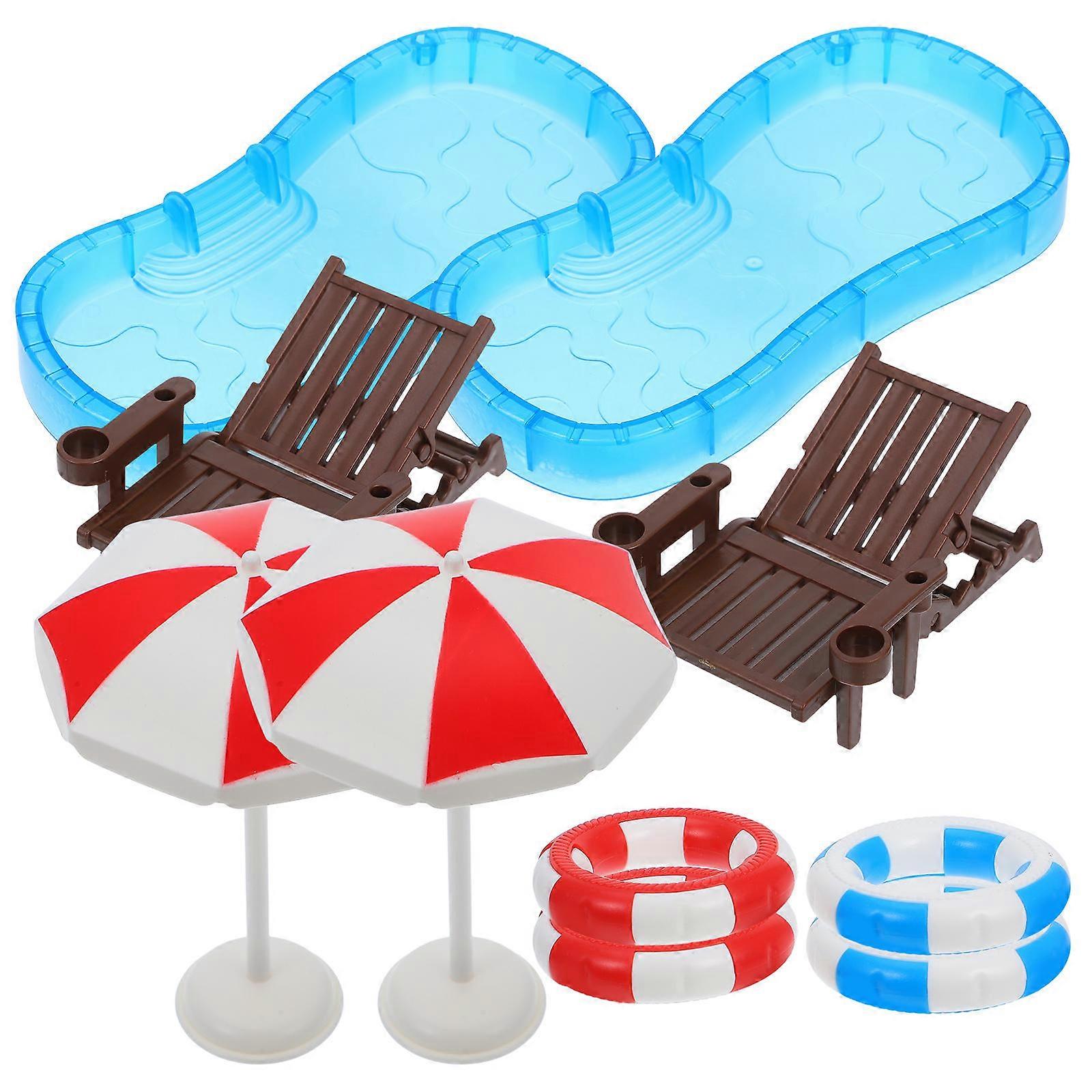 Miniature Dollhouse Swimming Pool with Swim Rings & Beach Chairs for Micro Landscape Playhouse Home