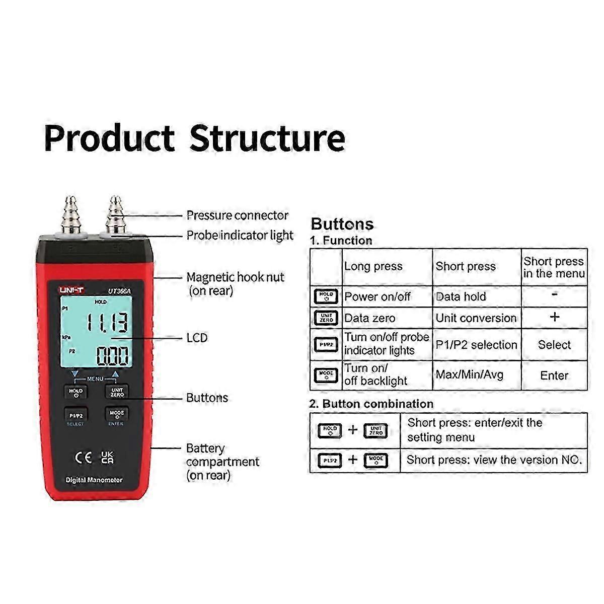 UNI-T Digital Manometer UT366A Air Pressure Gauge Handheld Pressure Differential Detector Pressure Measuring Device