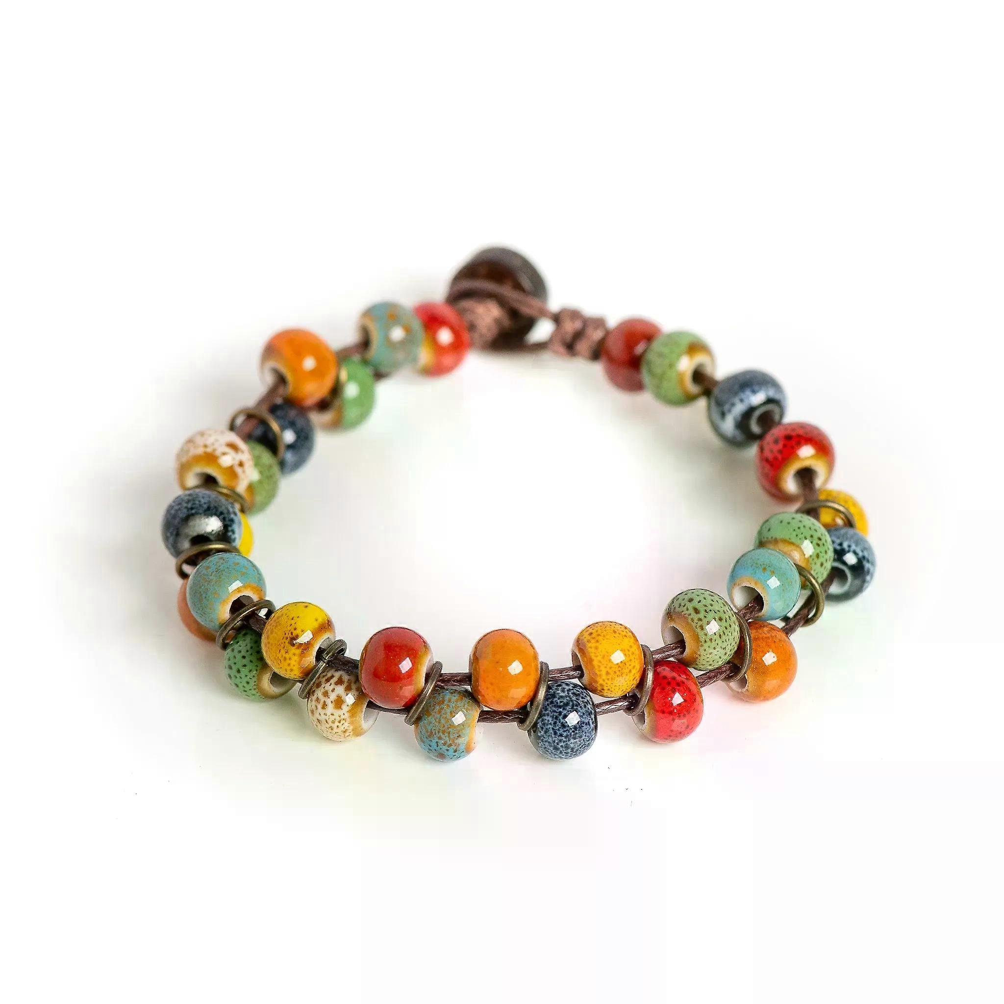Vintage Multicolor Ceramic Bead Bracelet Fixed Length 18cm for Small Wrists