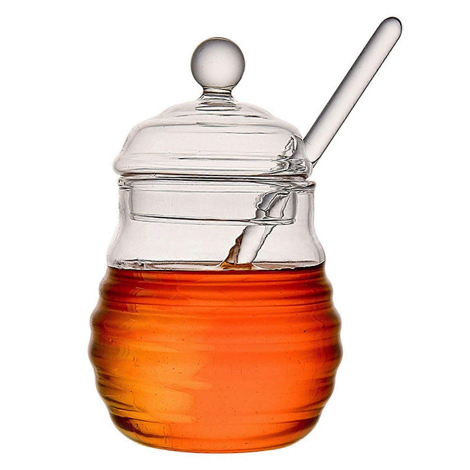 Glass Storage Jars With Dipper And Lid For Honey And Syrup, Keeps Honey Fresh, 10 X 13.5 Cm, Transparent