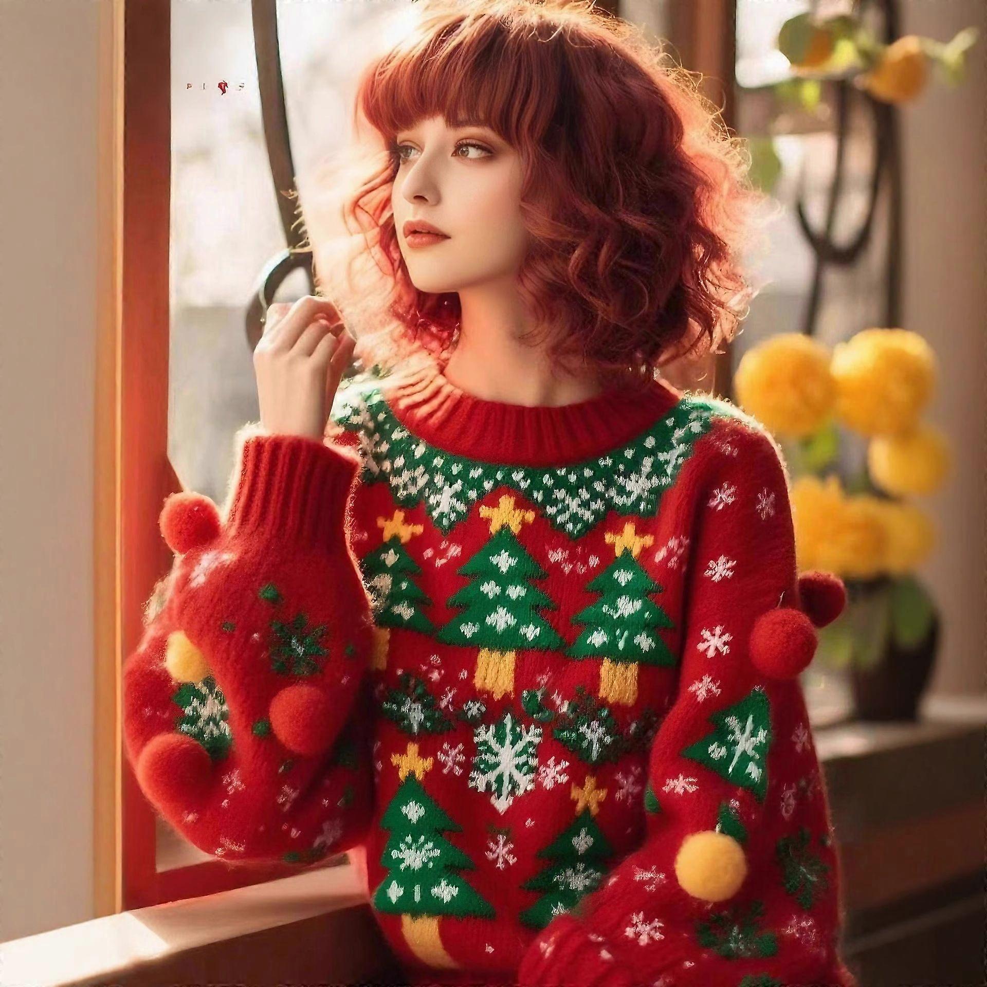 Christmas Sweater with Festive Pom Poms Color Block Round Neck Knit Top