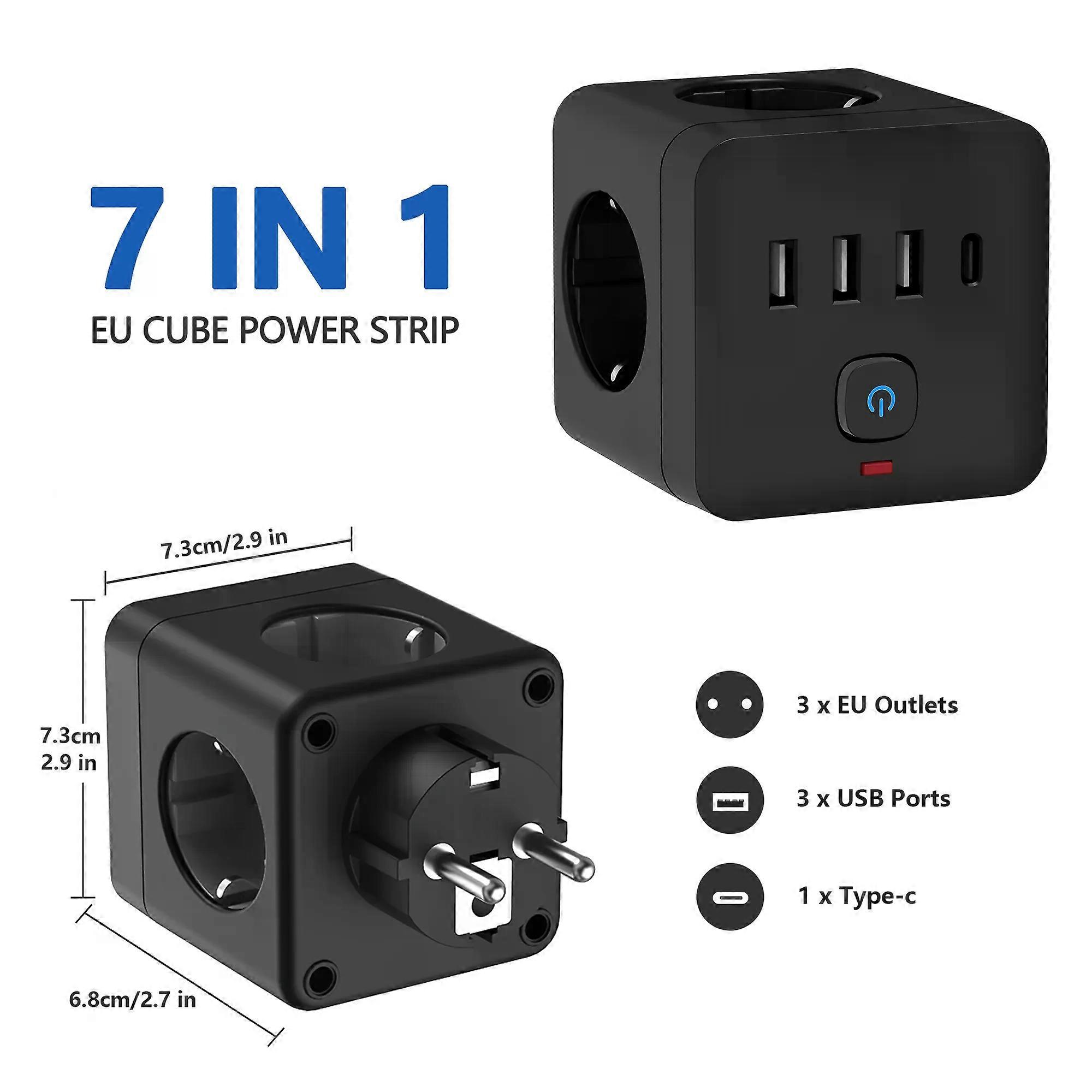 7-in-1 EU Power Strip Power Strip Surge Protector 3 AC Outlets 3 USB 1 Type-C Desktop Charging Station With Overload Protecti
