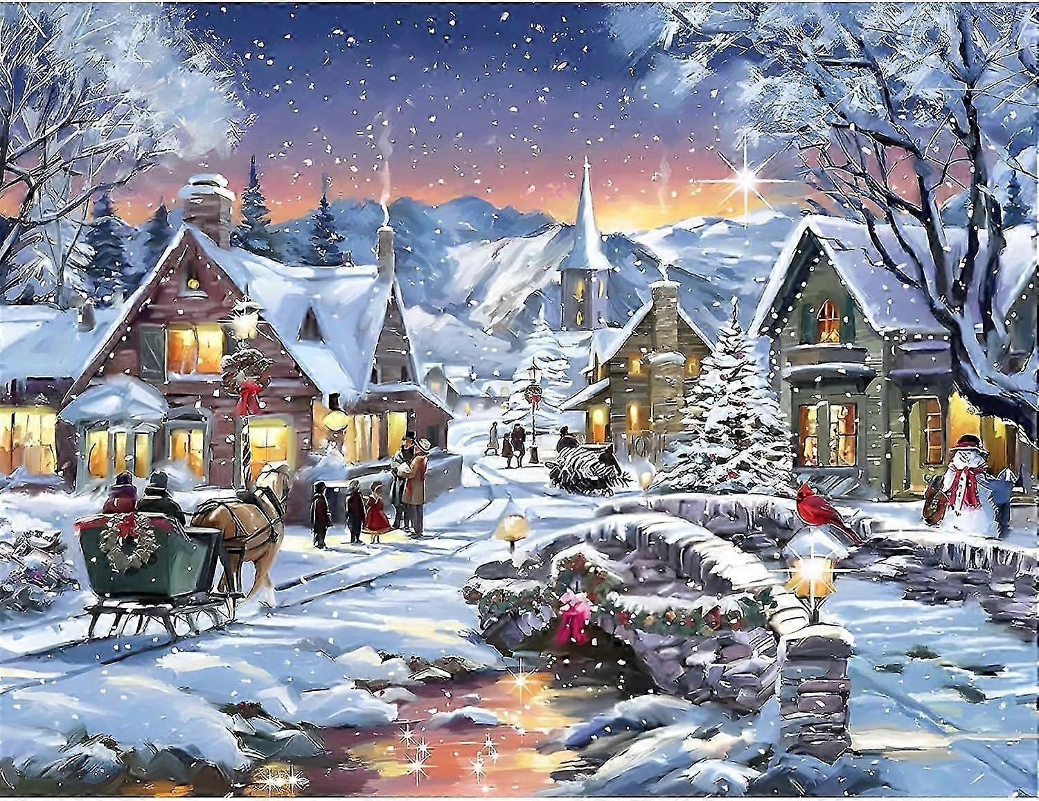 Dww-Christmas Diamond Painting Kits for Adults, Winter 30x40cm 5D Diamond Painting, DIY Diamond Arts Snowy Landscape for Beginners, DIY Full Drill Dia