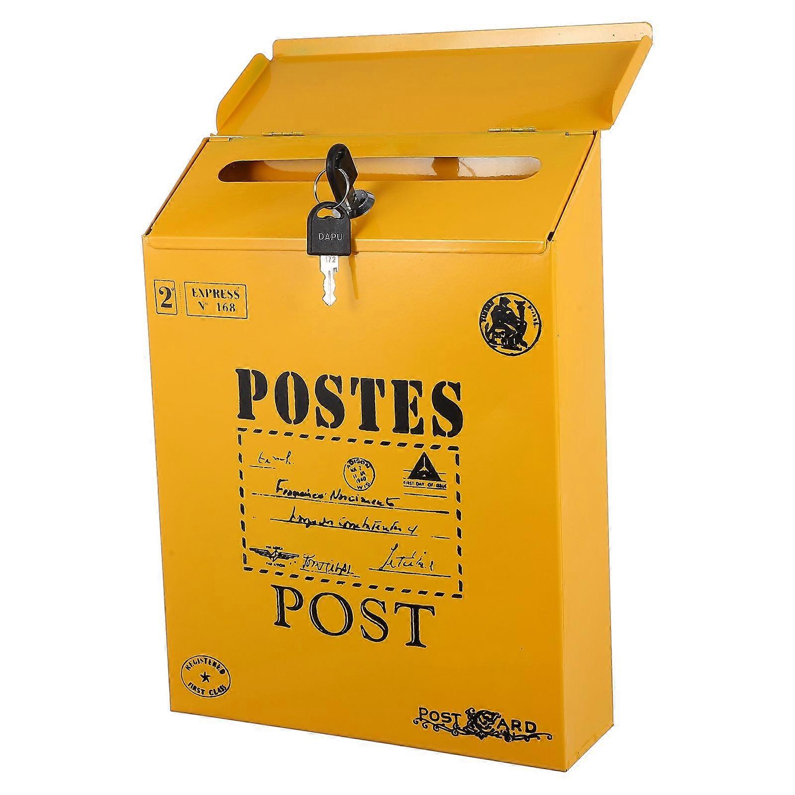 Retro Lockable Letter Box 2Pcs Yellow Durable Iron Mailbox for Storage