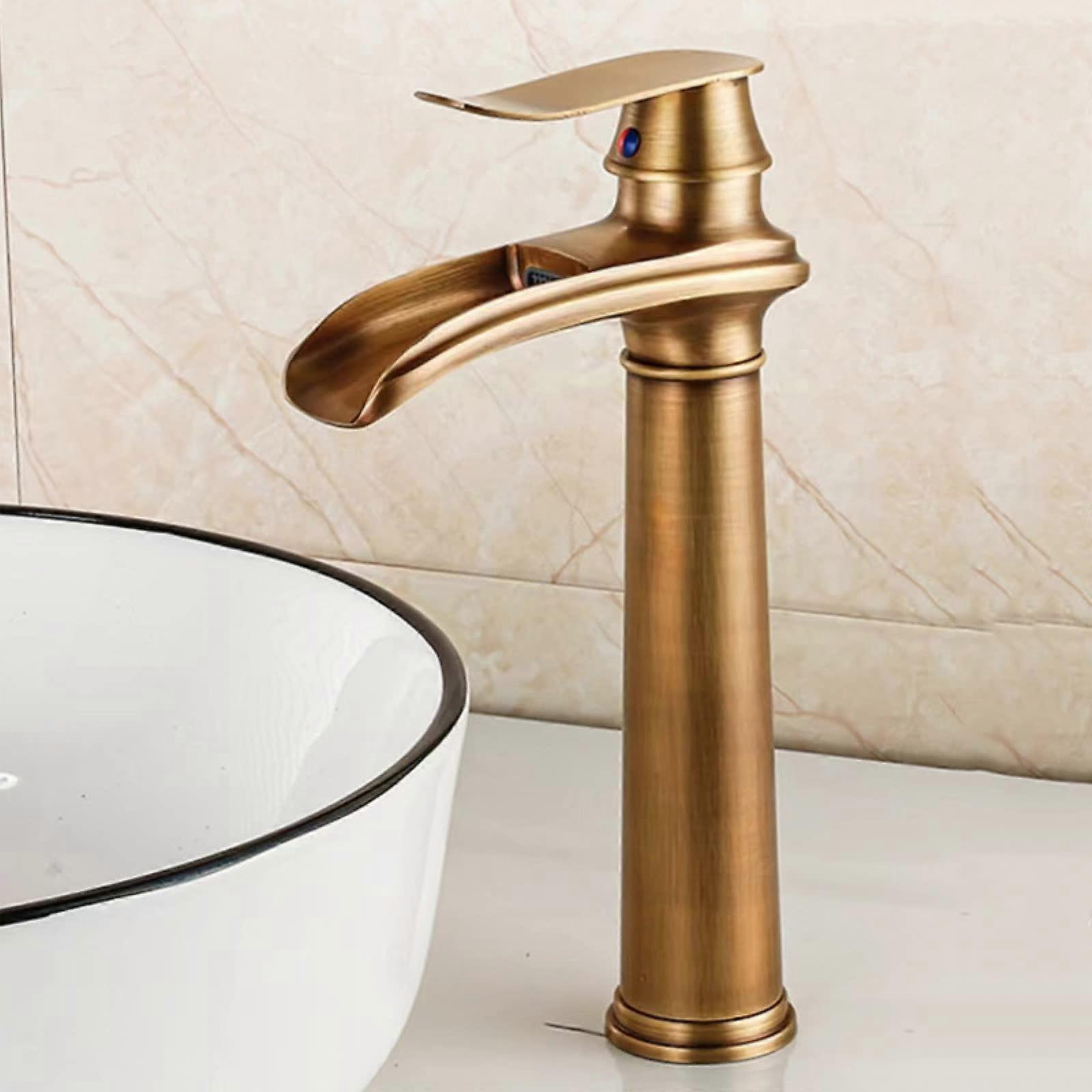 Waterfall Bathroom Sink Faucet Antique Brass, Single Lever Hot and Cold Mixer, Single Handle Single Hole Installation