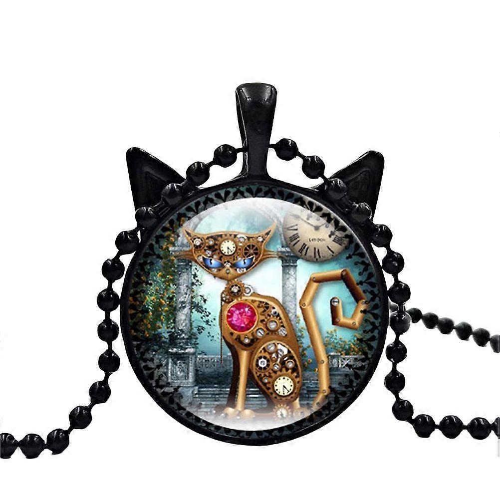 Mechanical Cat Clock Pendant Necklace for Decoration Use Black