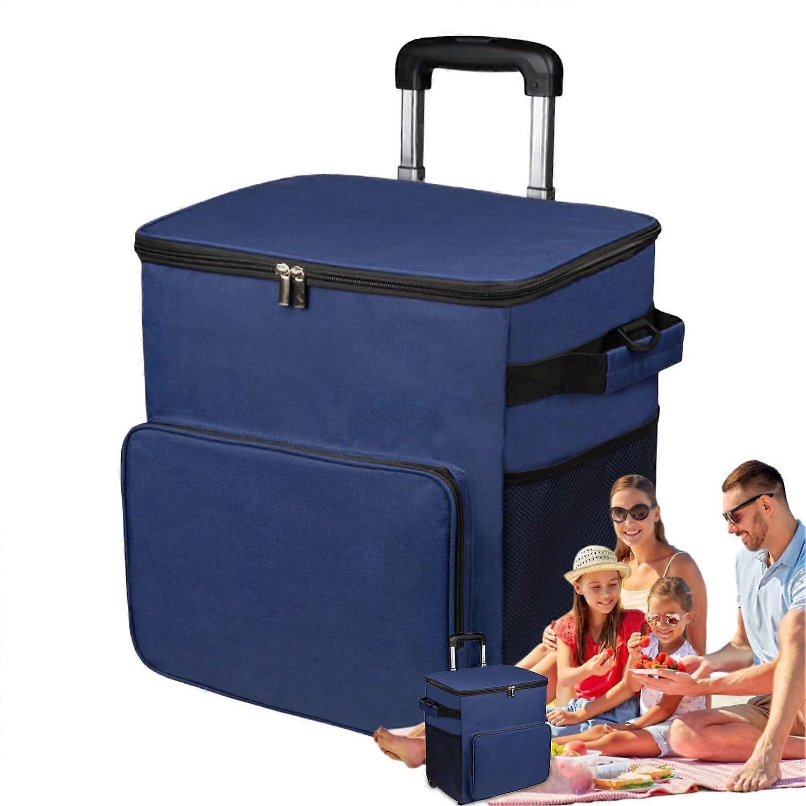 Rolling Coolers On Wheels Soft Cooler Bag 35L Insulated Leakproof Trolley Cart With Handle Navy Blue