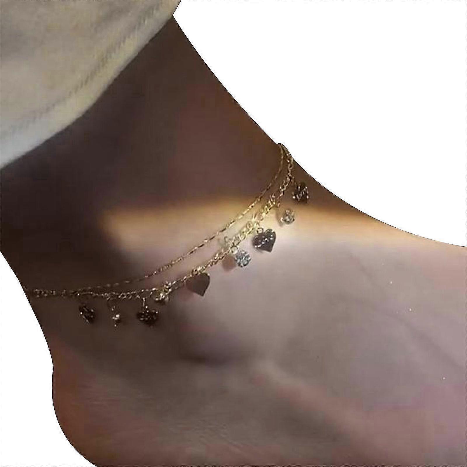 Double Layer Rhinestones Heart Anklet, Gold/Silver Color Adjustable Heart Anklet, Best Gift for Girls 25-26
