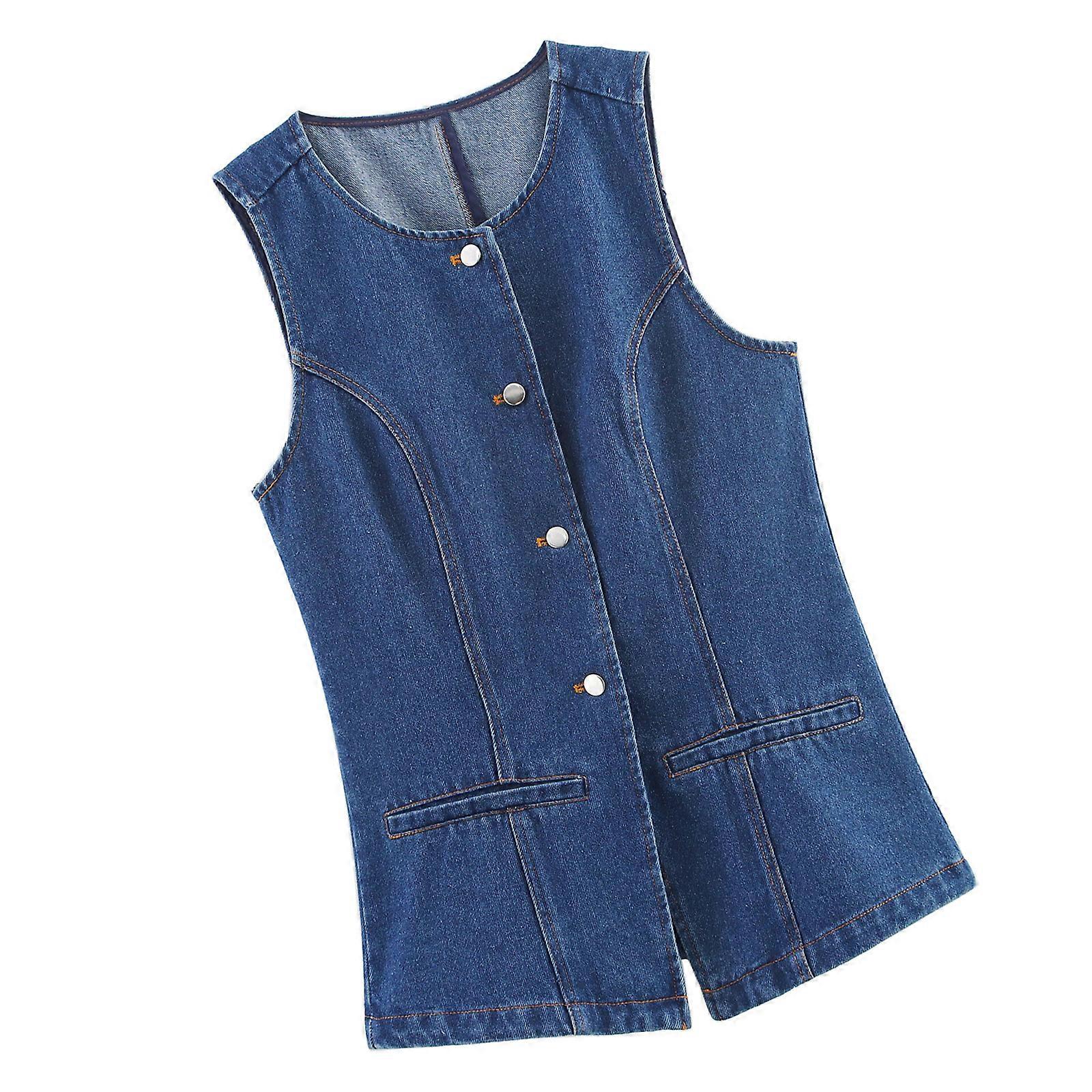 Women's Single Button Jeans Vest Breathable Sleeveless Design Round Neck Spring Summer Layering Essential  Royal Blue S