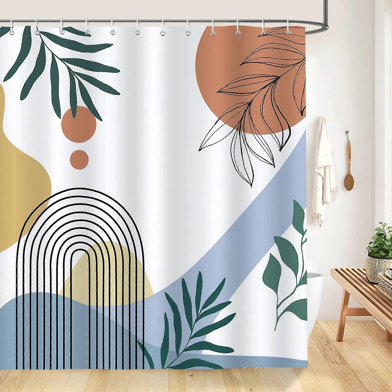 Mid Century Abstract Shower Curtain 180 X 180 CM Waterproof Polyester Mildew Resistant Boho Arch Leaves Arch3 12Hooks