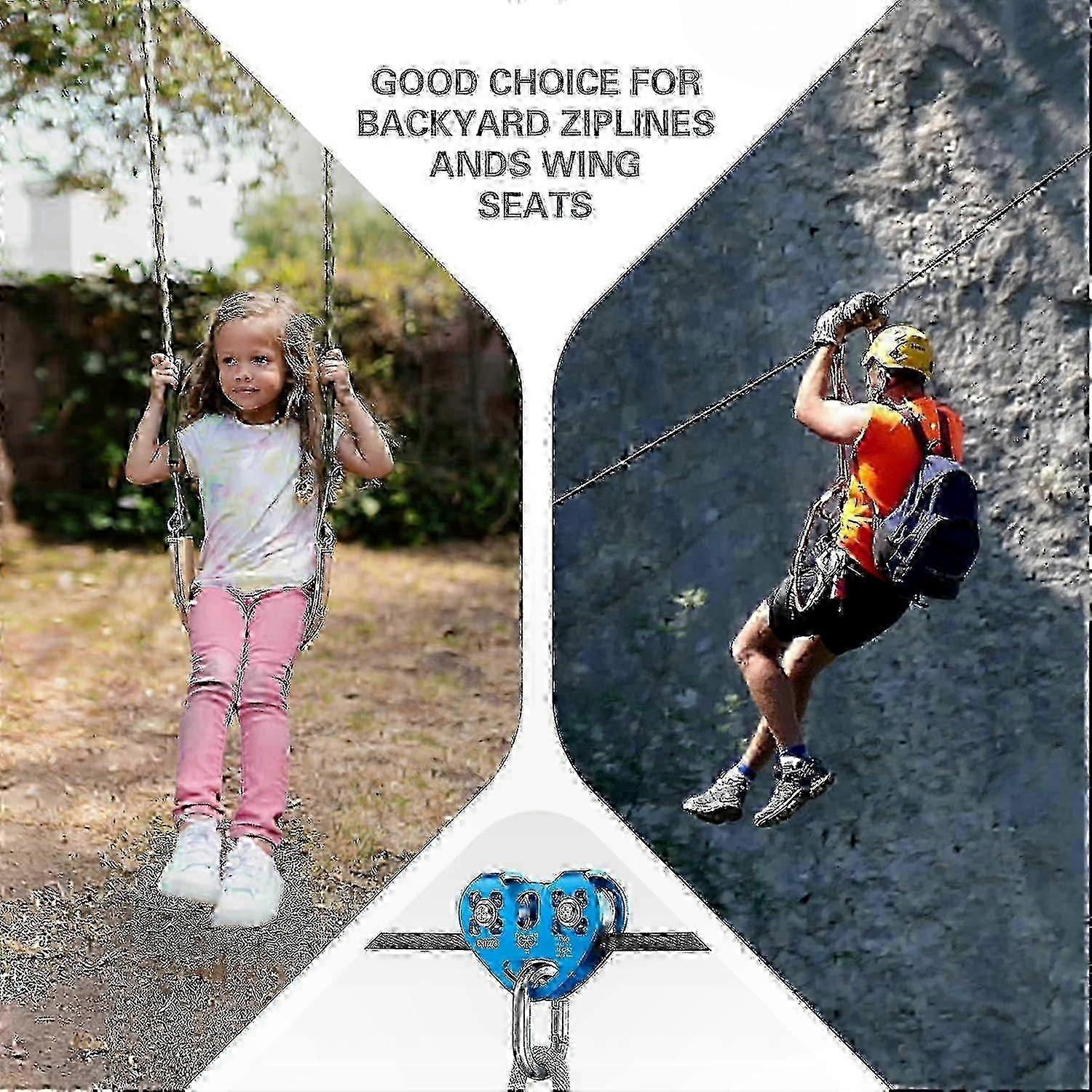 Heavy Duty Double Pulley System for Zip Lines, Supports 30KN, Fits Multiple Cable Sizes